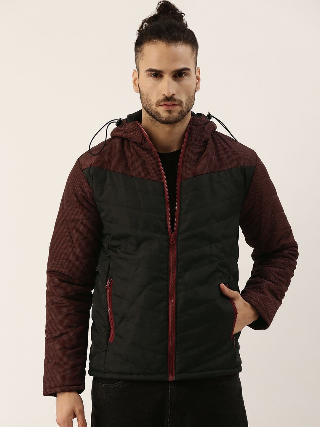 CAHOOT Men Black & Maroon Micro Checked Hooded Windcheater Padded Jacket - view 1