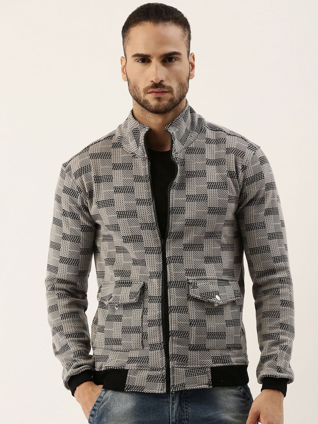 CAHOOT Men Grey & Black Checked Windcheater Outdoor Biker Jacket - view 1