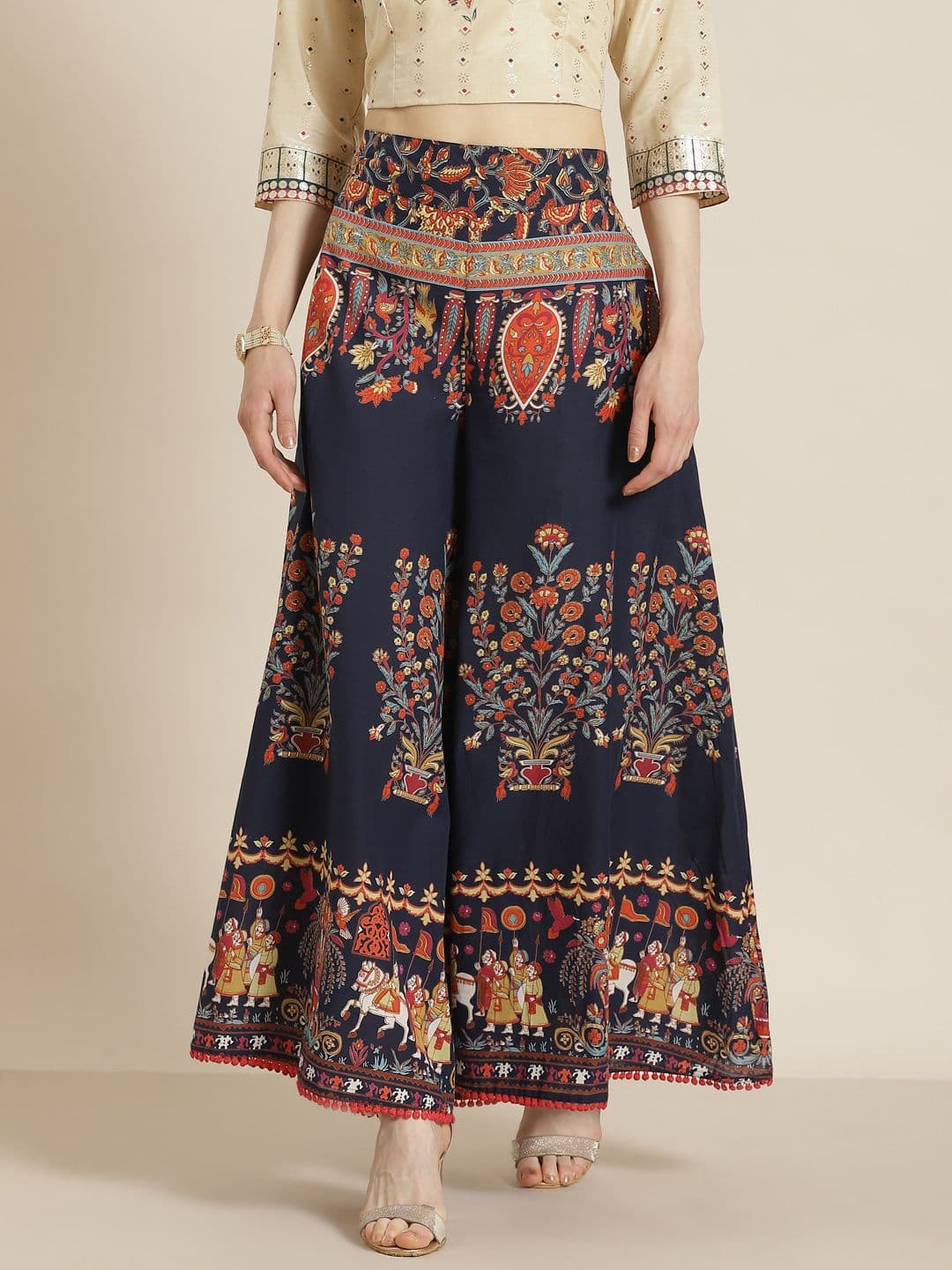 Juniper Women Navy Blue & Orange Ethnic Motifs Printed Flared Palazzos with Scrunchie - view 1