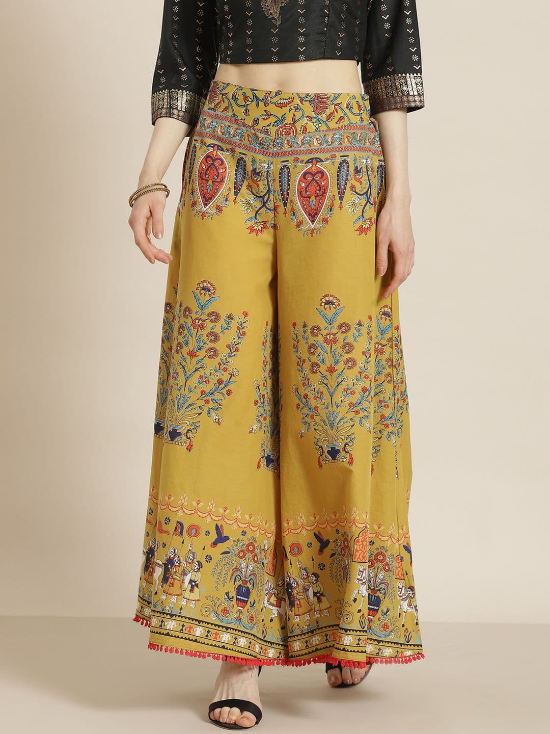 Juniper Women Mustard Yellow & Red Ethnic Motifs Printed Cotton Flared Palazzos - view 1