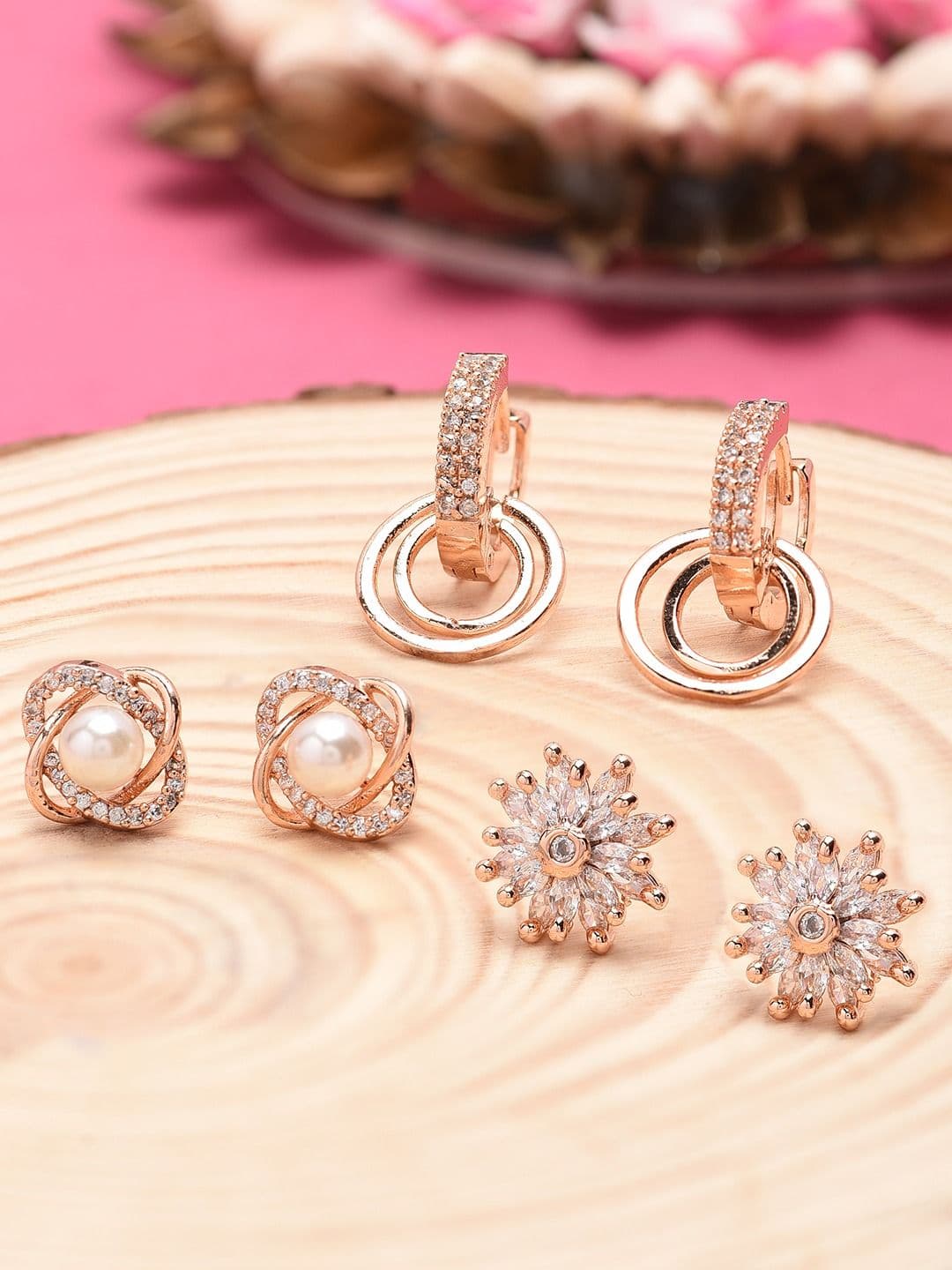 Zaveri Pearls Rose Gold Plated Set of 3 Contemporary Studs Earrings - view 1