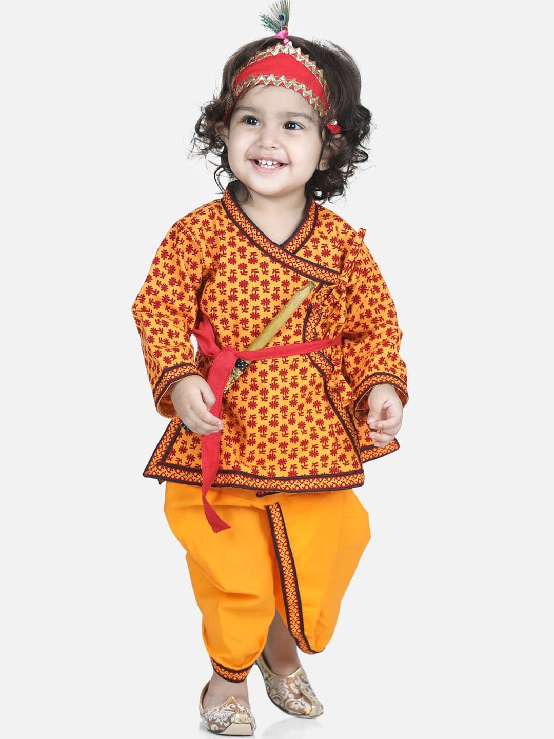 BownBee Boys Printed Angrakha Cotton Kurta & Dhoti Pants with Mukut Waist Belt and Bansuri - view 1