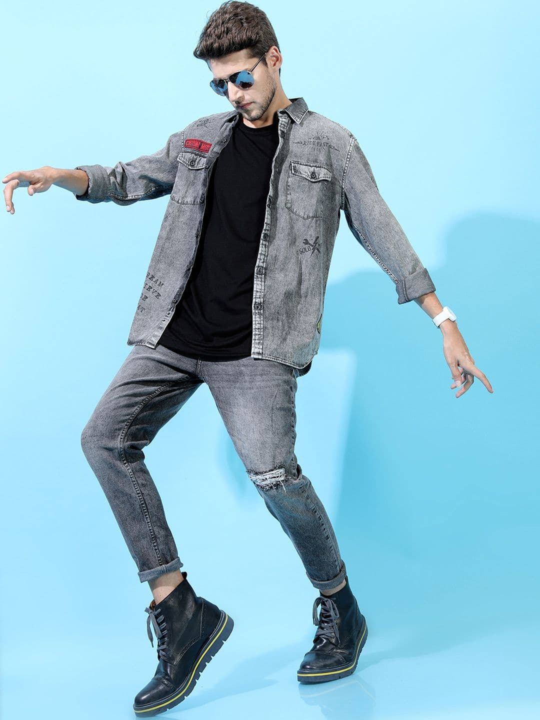 LOCOMOTIVE Men Grey Slim Fit Faded Denim Casual Shirt - view 1