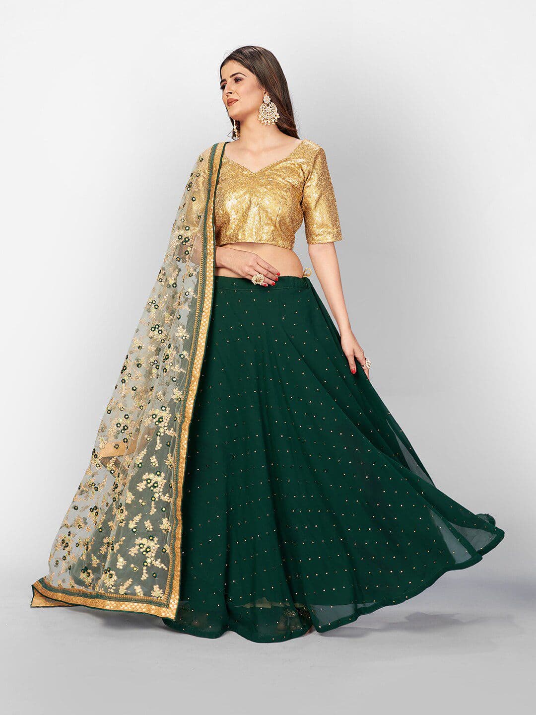 SHOPGARB Green & Gold-Toned Sequinned Semi-Stitched Lehenga & Unstitched Blouse With Dupatta - view 1