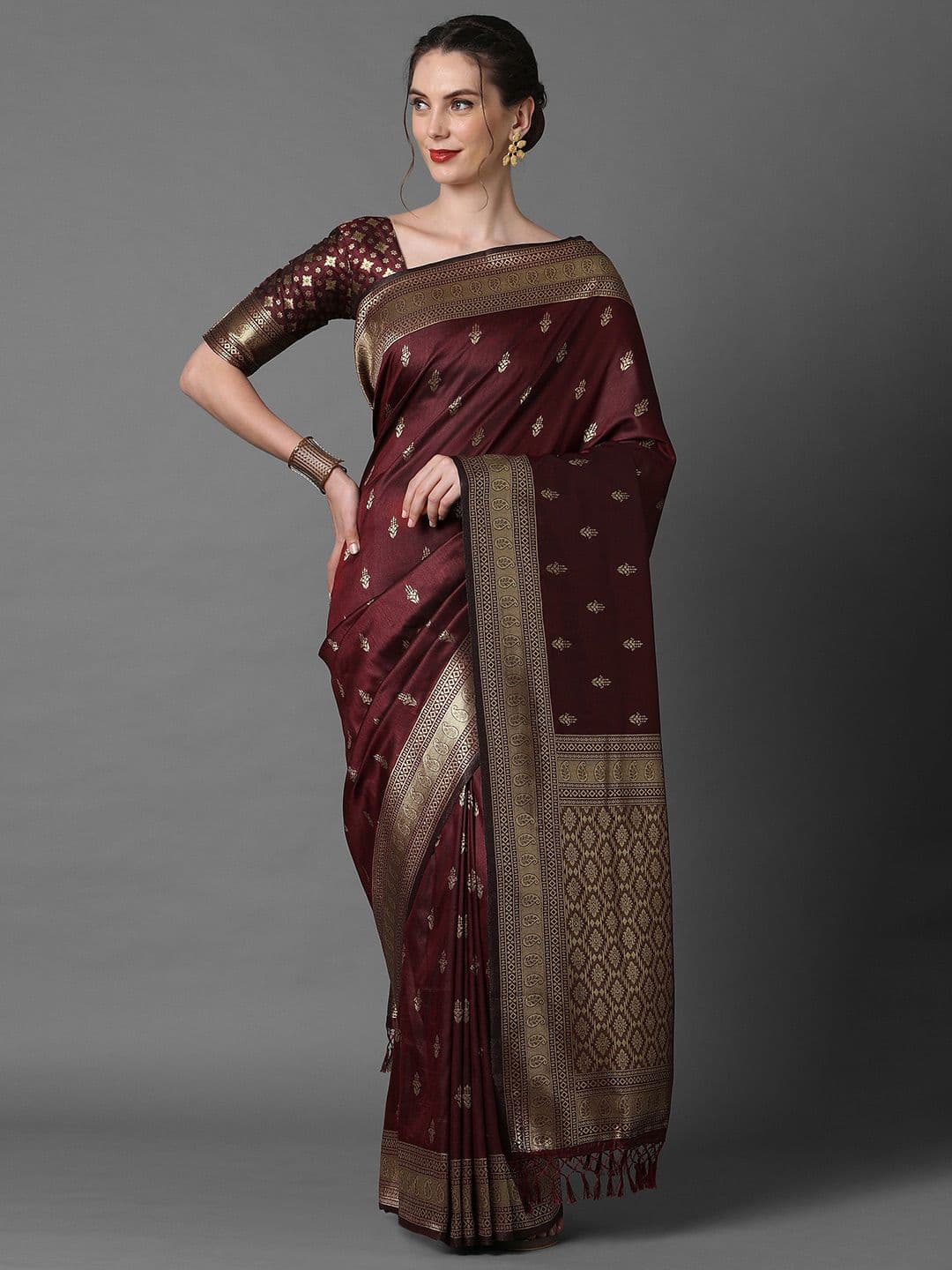 Mitera Brown & Gold-Coloured Ethnic Motifs Woven Design Silk Blend Banarasi Saree - view 1