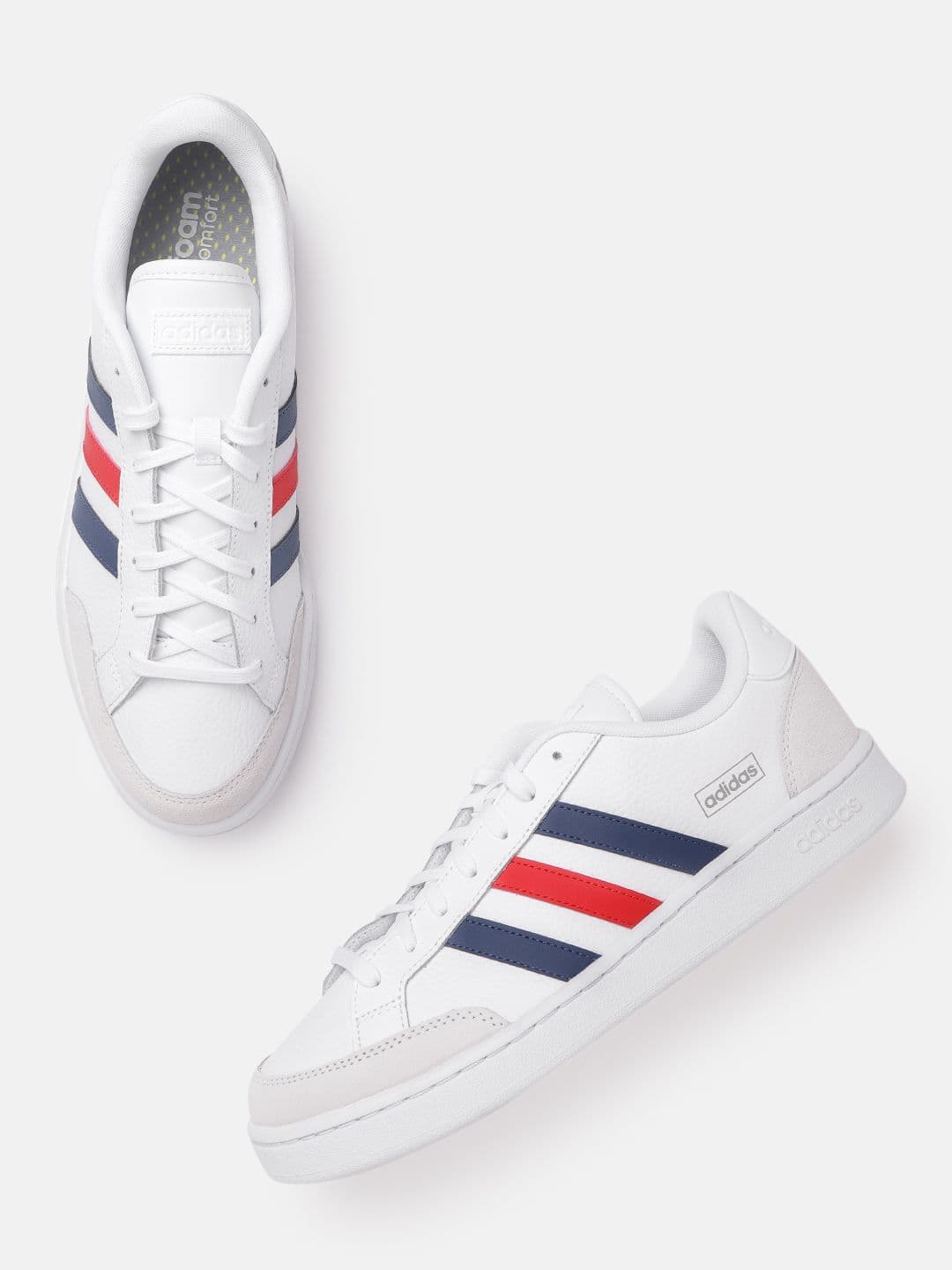 ADIDAS Men White & Navy Blue Leather Striped Cloudfoam Grand Court SE Sustainable Tennis Shoes - view 1