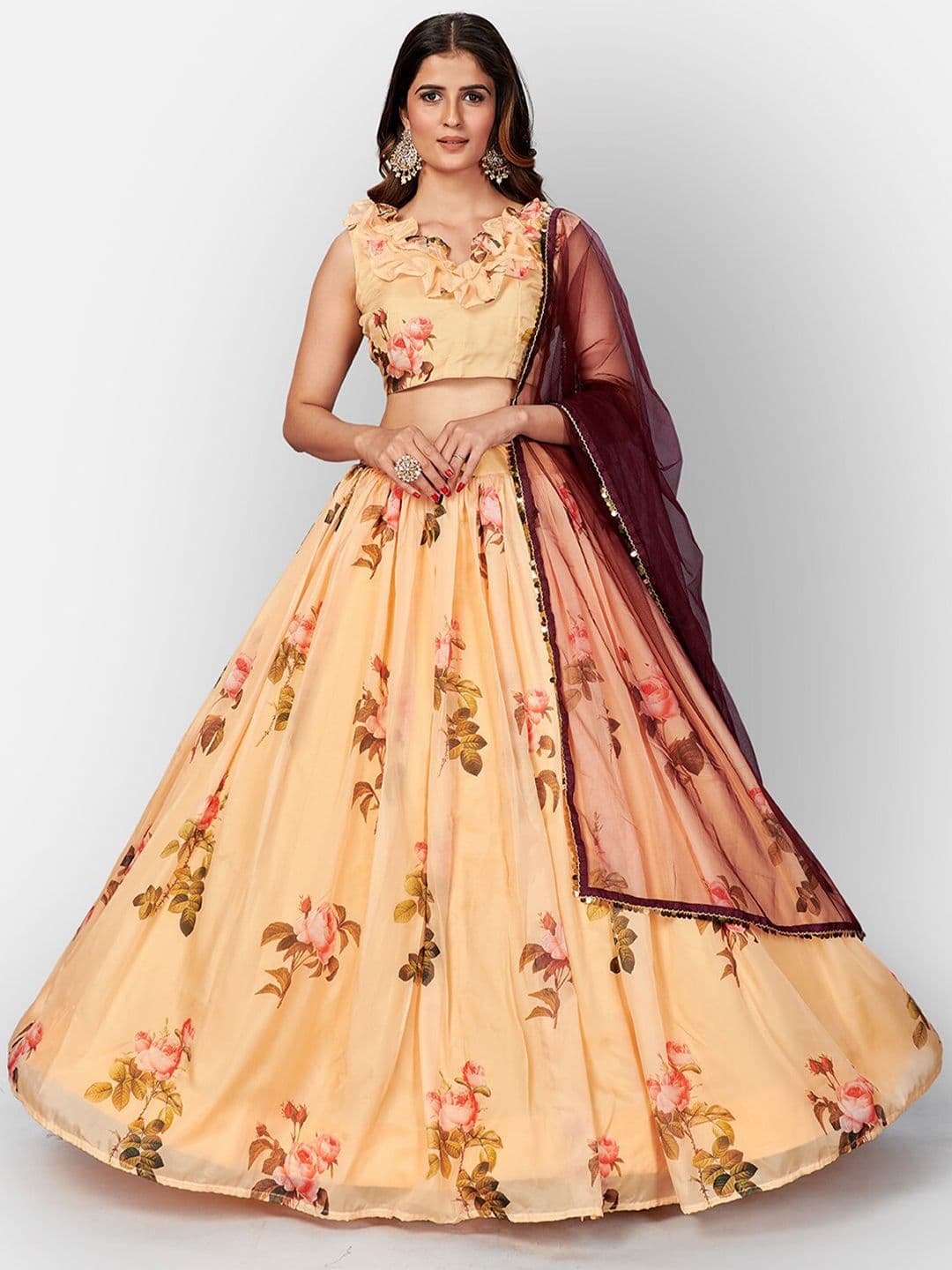 SHOPGARB Yellow & Green Printed Semi-Stitched Lehenga & Unstitched Blouse With Dupatta - view 1