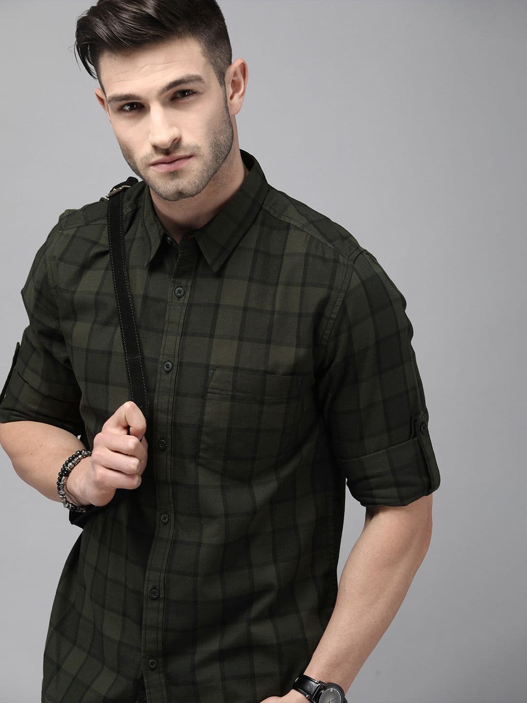 Roadster Men Olive Green & Black Checked Pure Cotton Casual Shirt - view 1