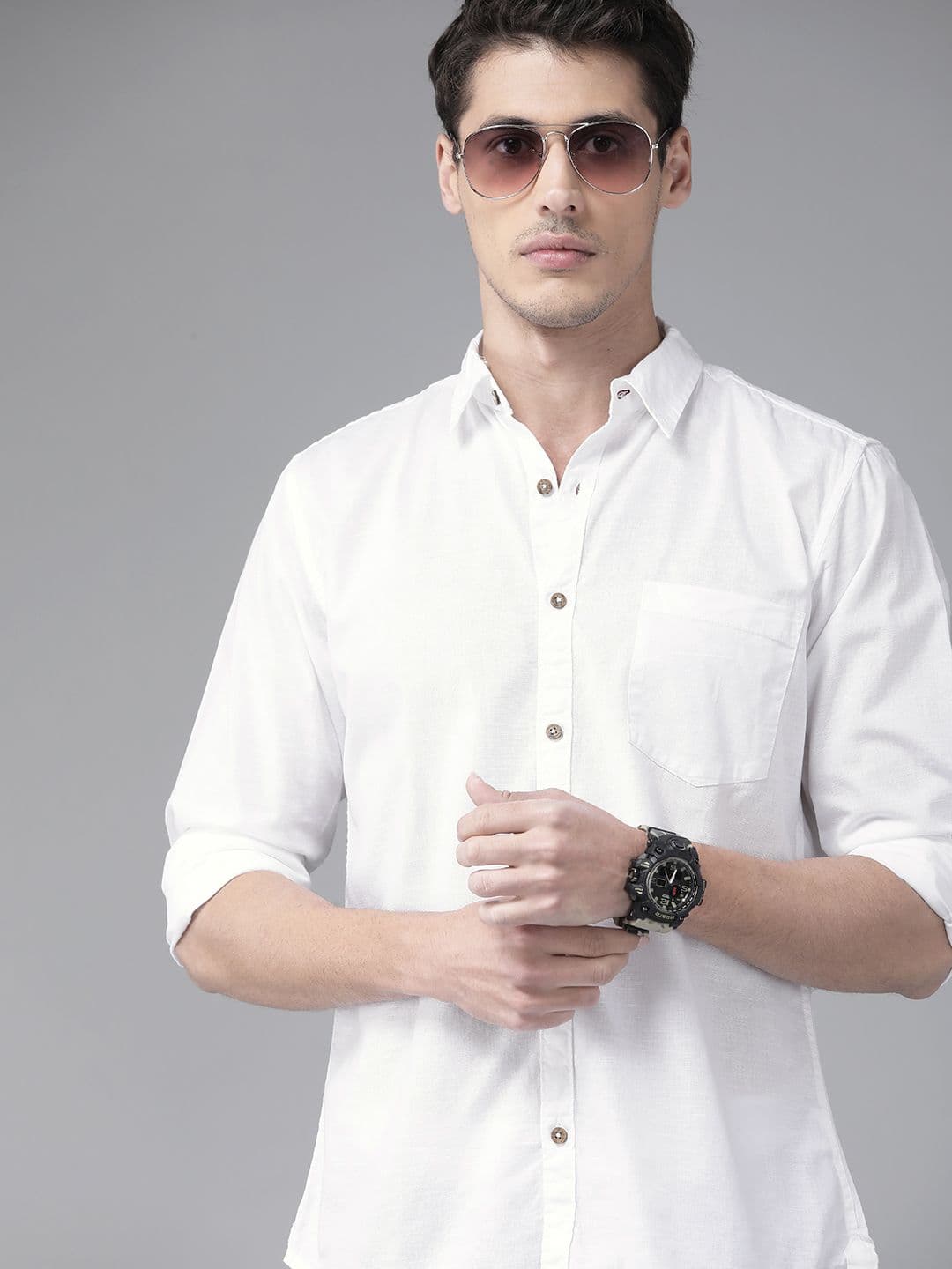 Roadster Men White Solid Pure Cotton Casual Shirt - view 1