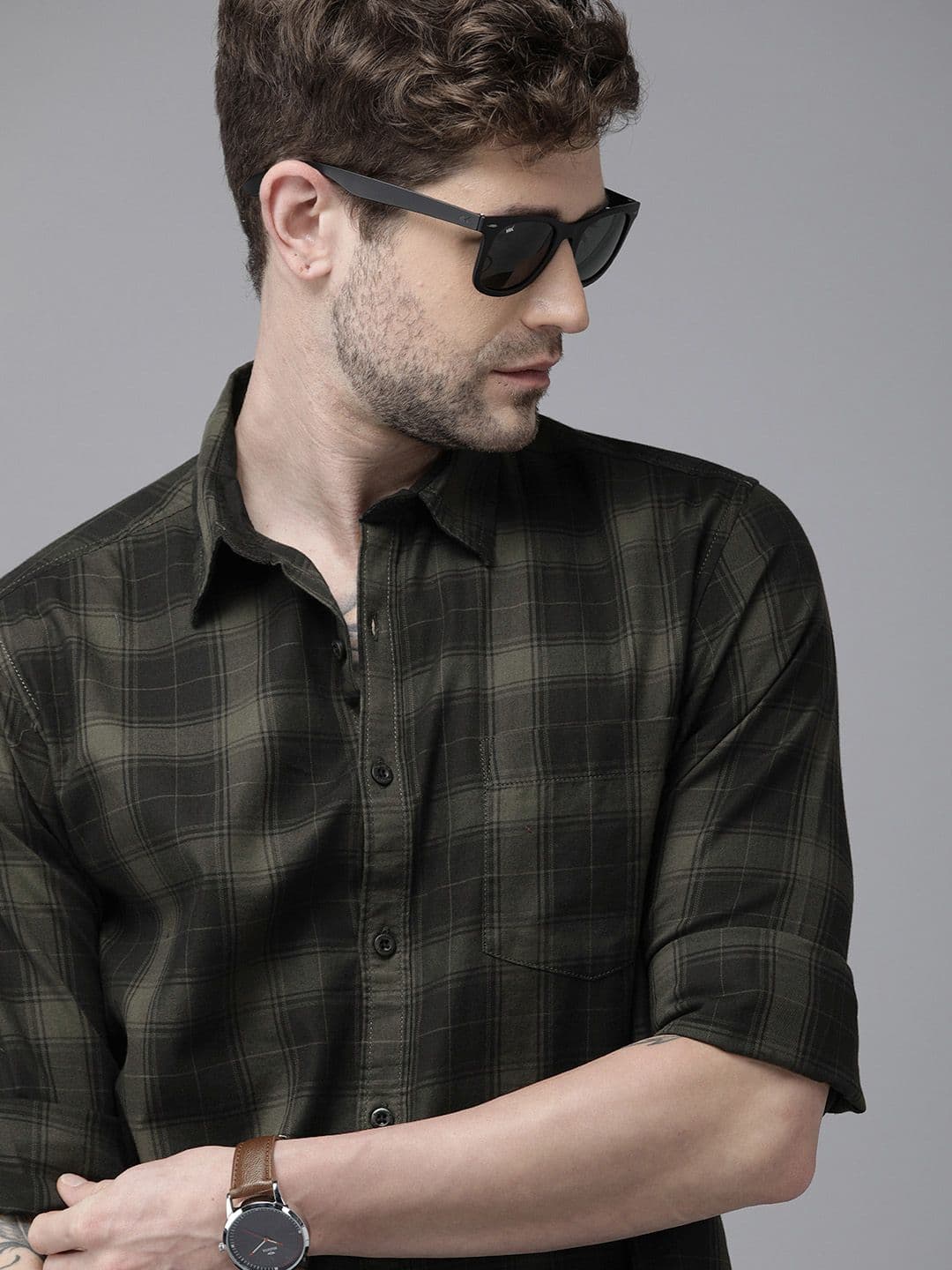 Roadster Men Olive Green & Black Tartan Checks Opaque Pure Cotton Sustainable Casual Shirt - view 1