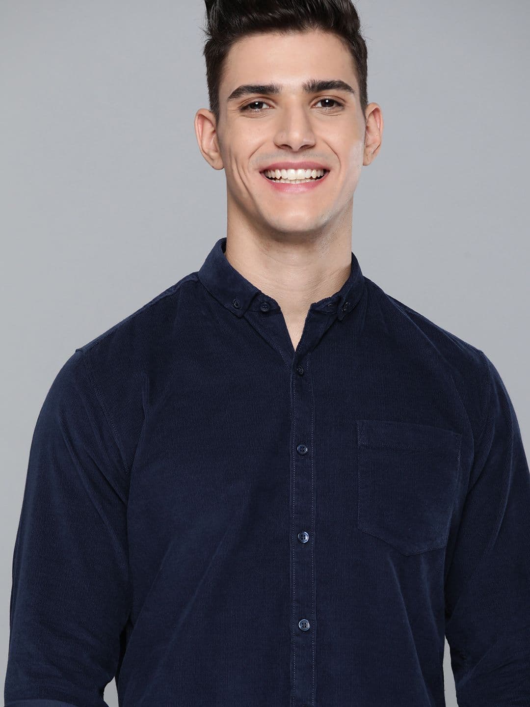 Mast & Harbour Men Navy Blue Cotton Solid Corduroy Casual Shirt - view 1