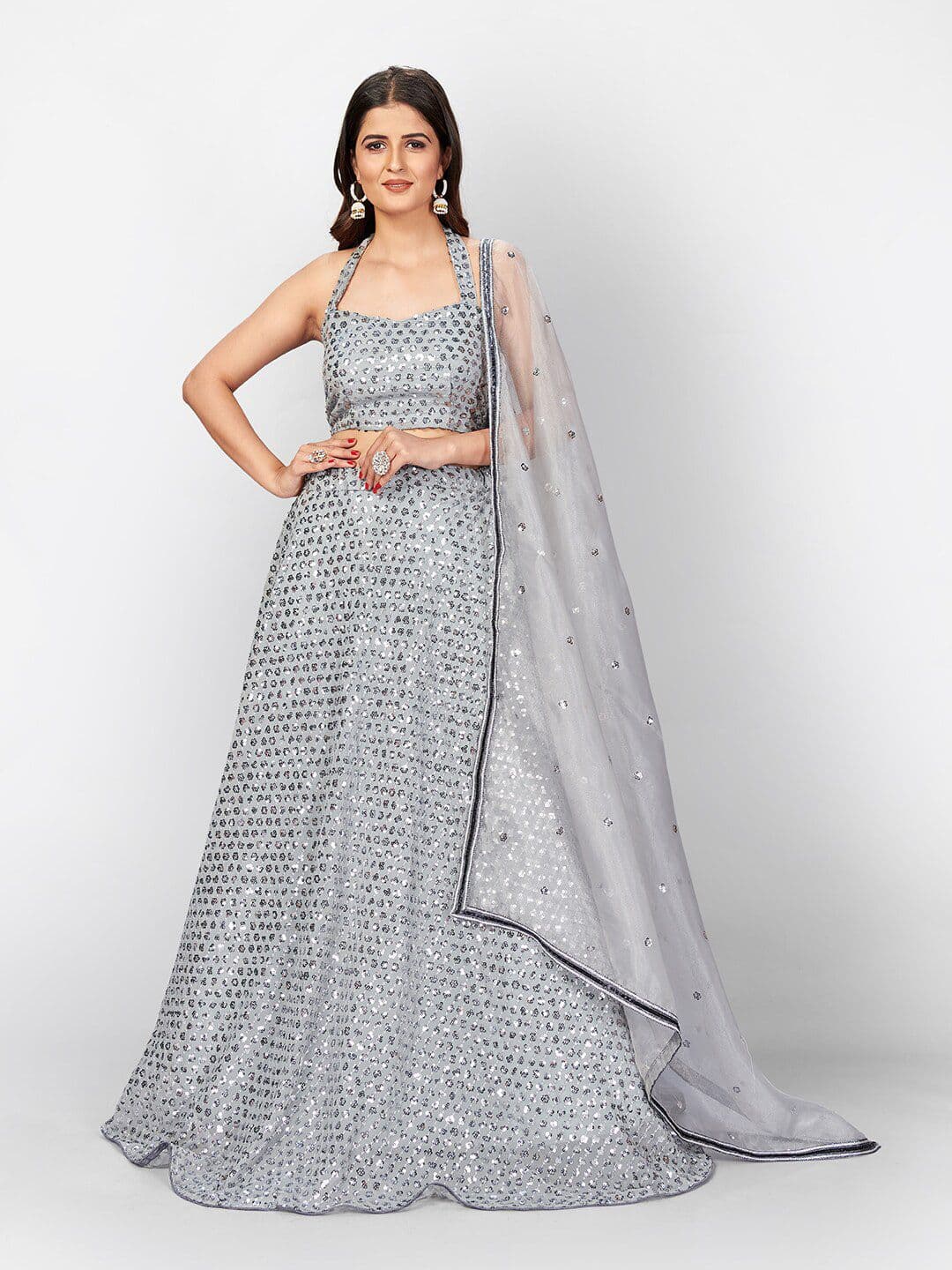 SHOPGARB Grey & Silver-Toned Unstitched Lehenga & Blouse With Dupatta - view 1