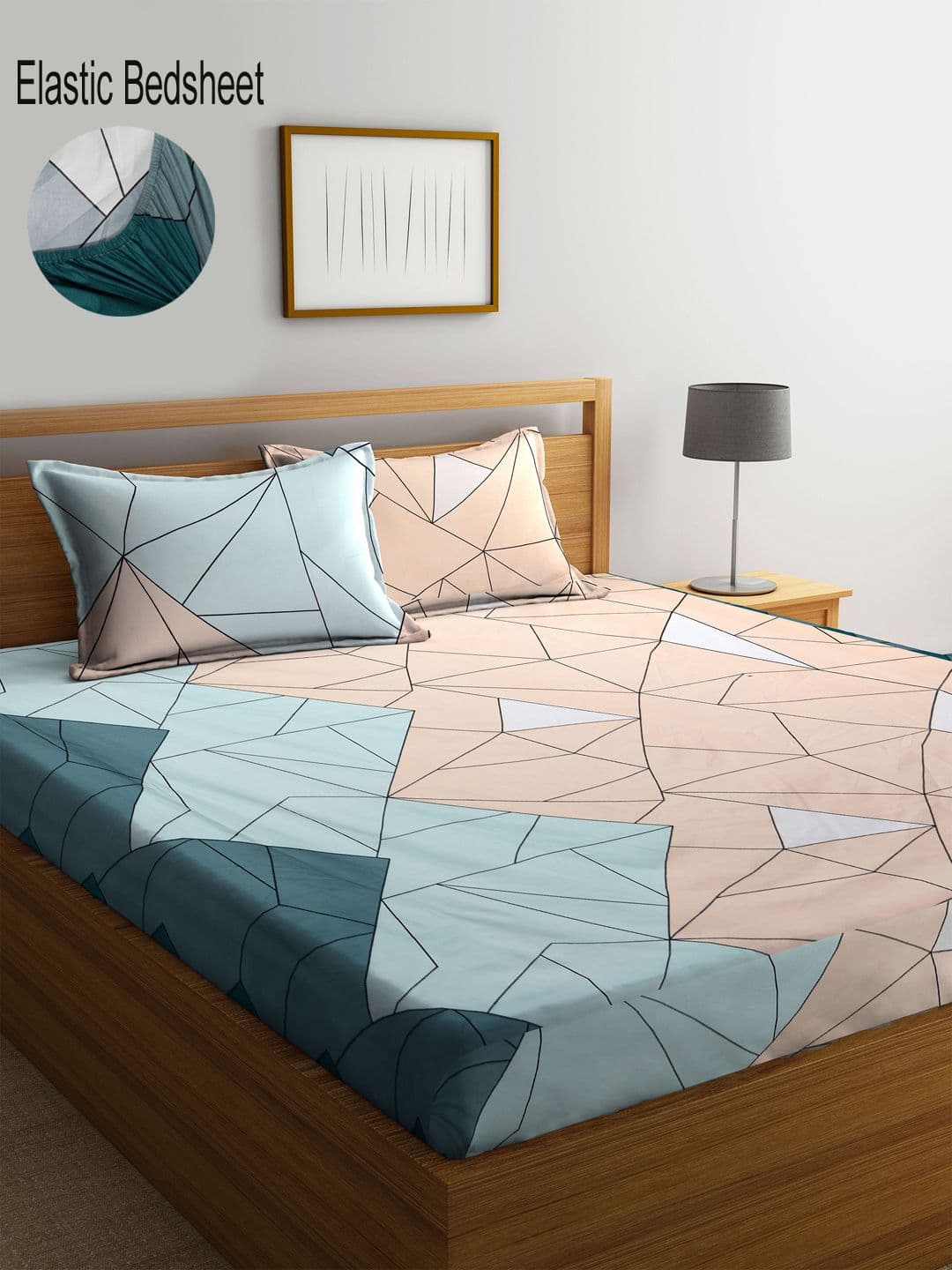 KLOTTHE Blue Geometric Polycotton 300 TC Fitted King Fine Bedsheet with 2 Pillow Covers-98 x 89 inches - view 1