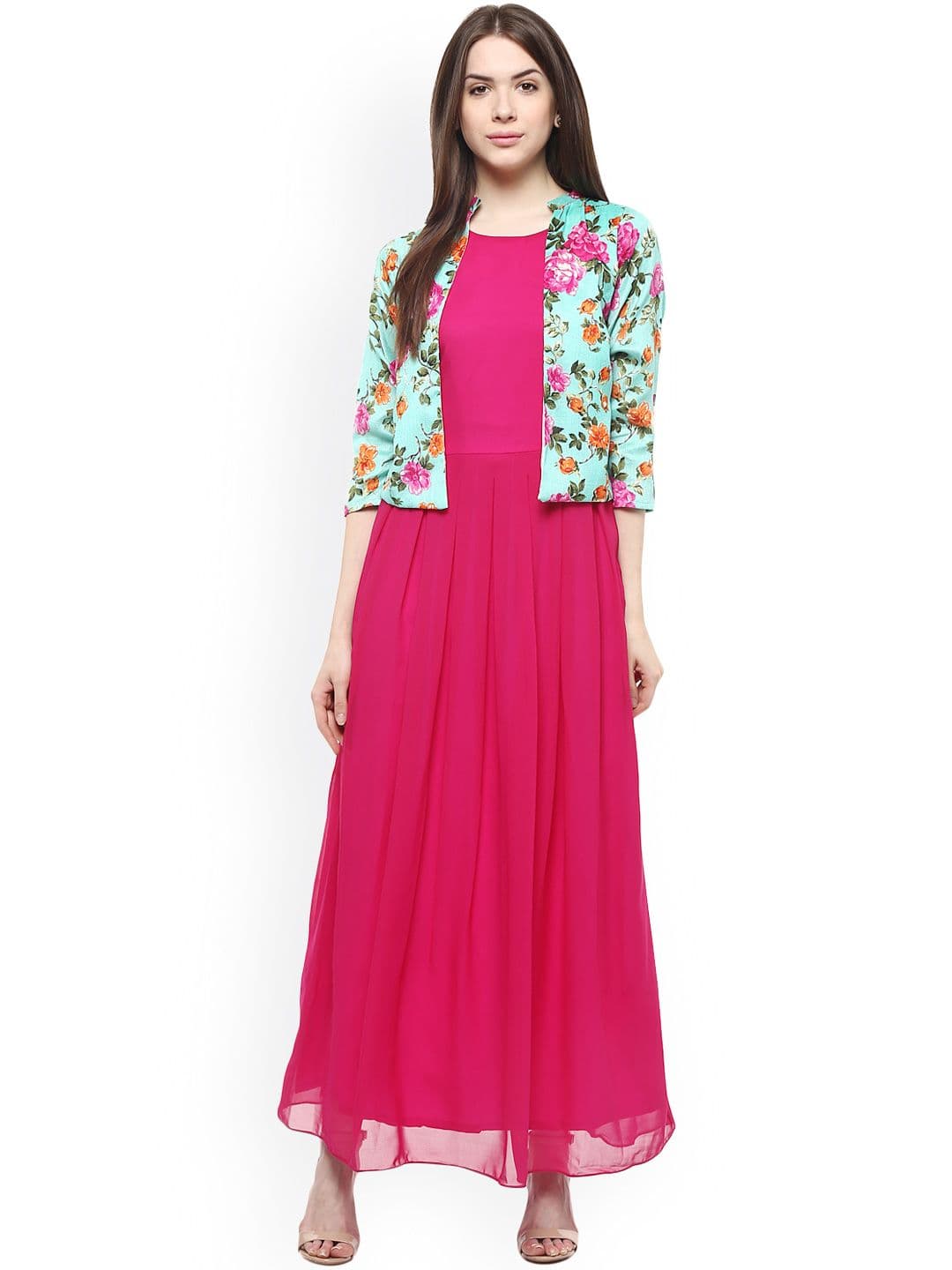 Athena Women Pink Solid Maxi Dress with Attached Jacket - view 1