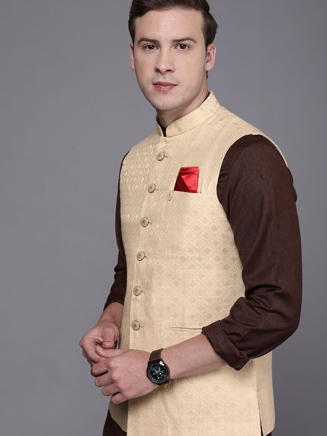 Manyavar Men Beige Woven Design Nehru Jacket with Pocket Square - view 1