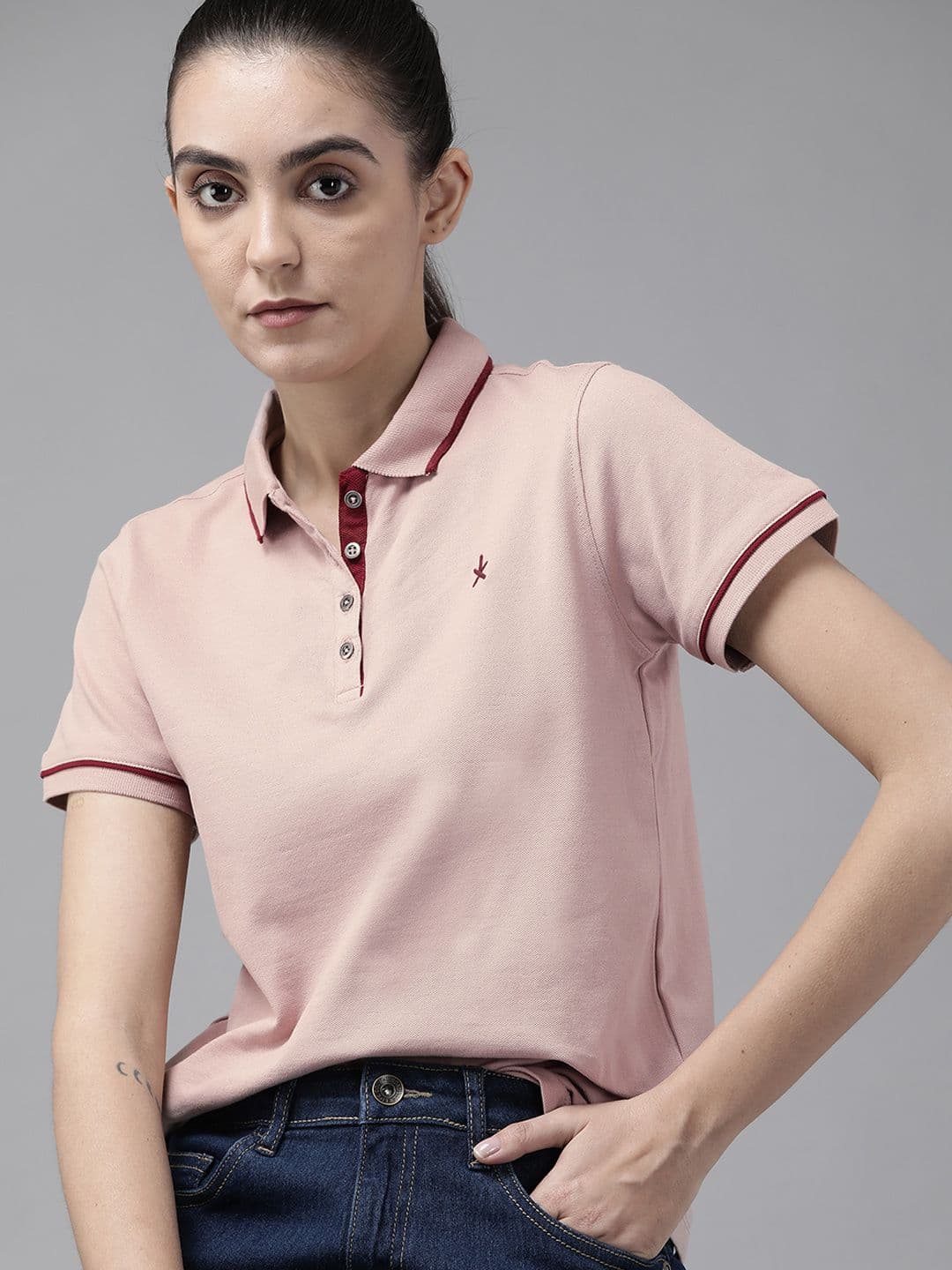 Roadster Women Rose Solid Polo Collar T-shirt - view 1