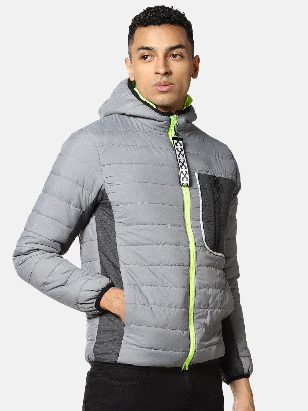 CAHOOT Men Grey & Fluorescent Green Windcheater Puffer Jacket - view 1
