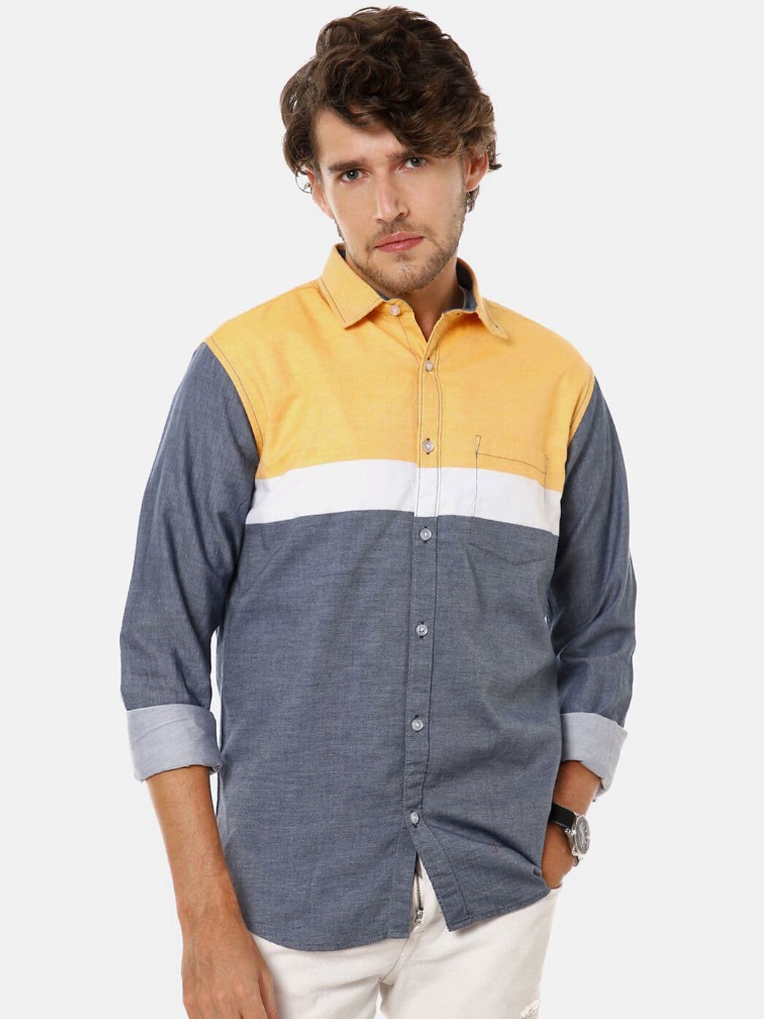 CAHOOT Men Yellow & Grey Colourblocked Casual Shirt - view 1