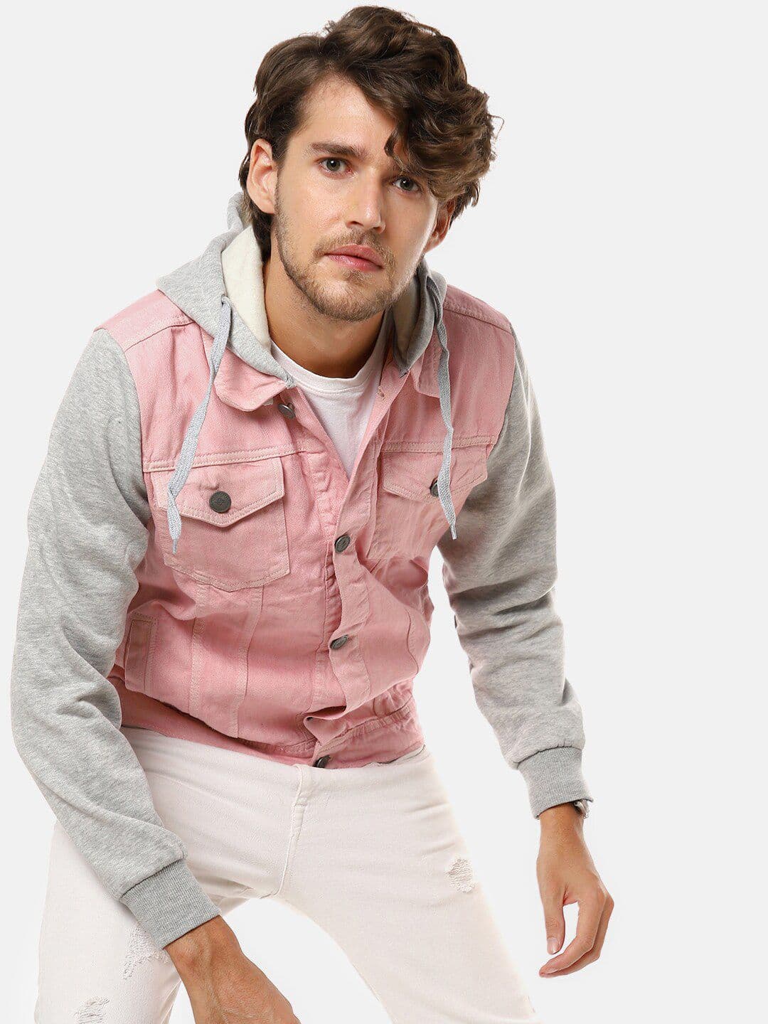 CAHOOT Men Pink Washed Colourblocked Denim Jacket - view 1