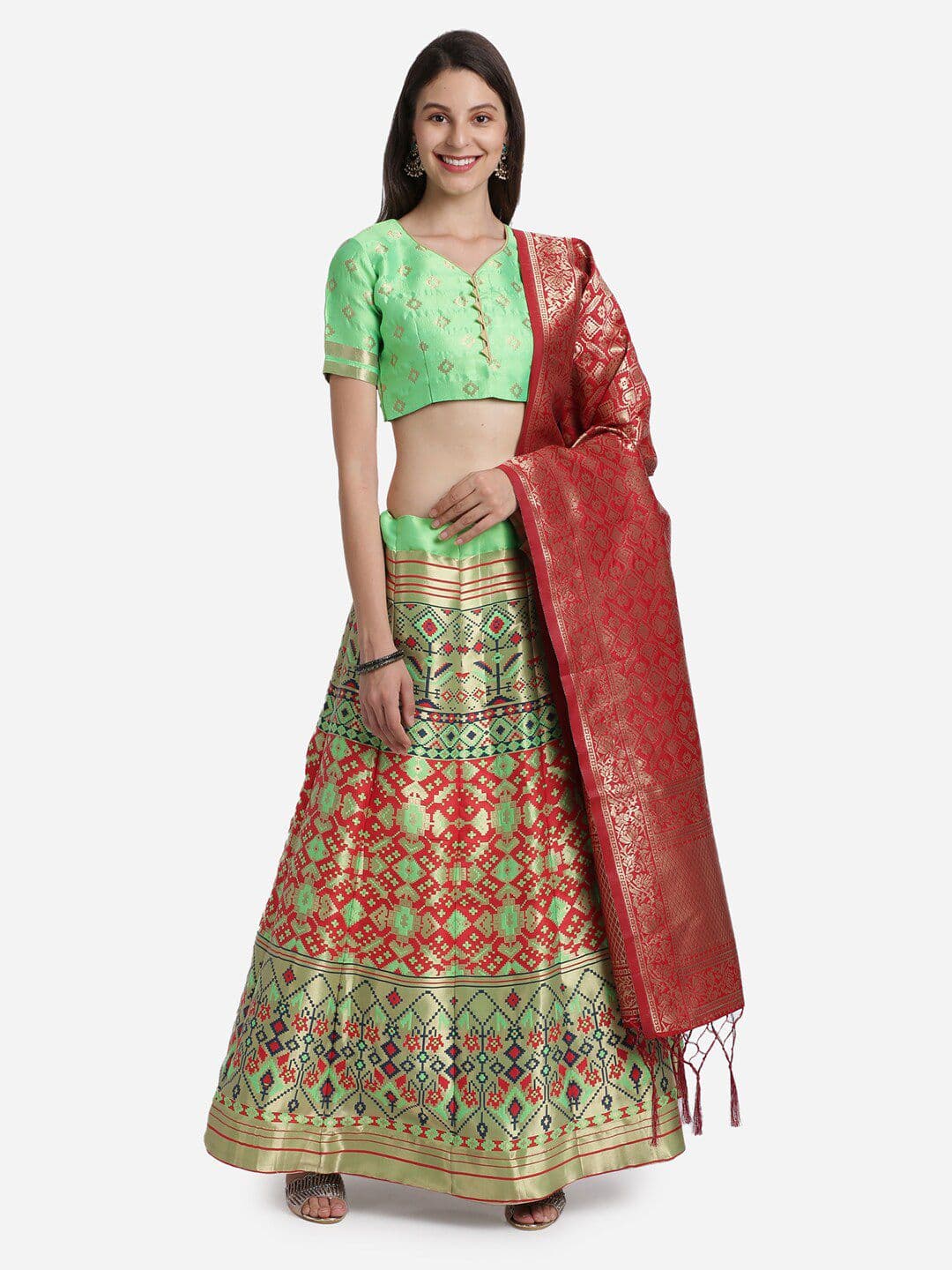 Mitera Green & Red Semi-Stitched Lehenga & Unstitched Blouse With Dupatta - view 1