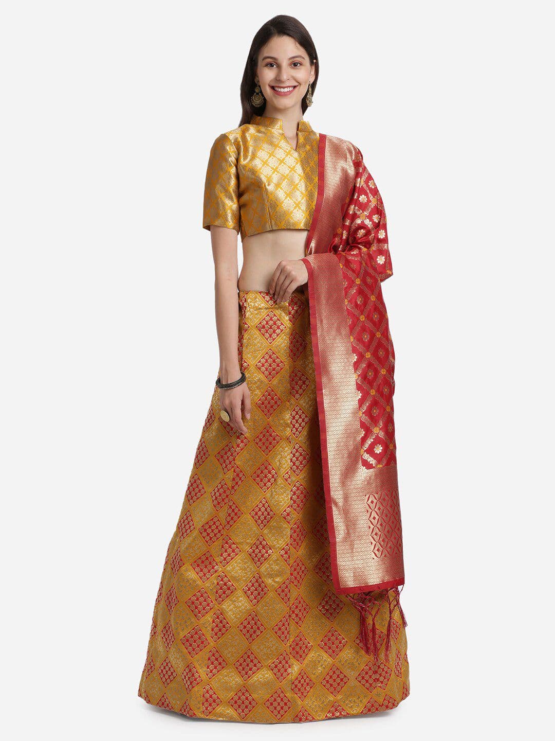 Mitera Mustard Yellow & Red Unstitched Lehenga & Blouse With Dupatta - view 1