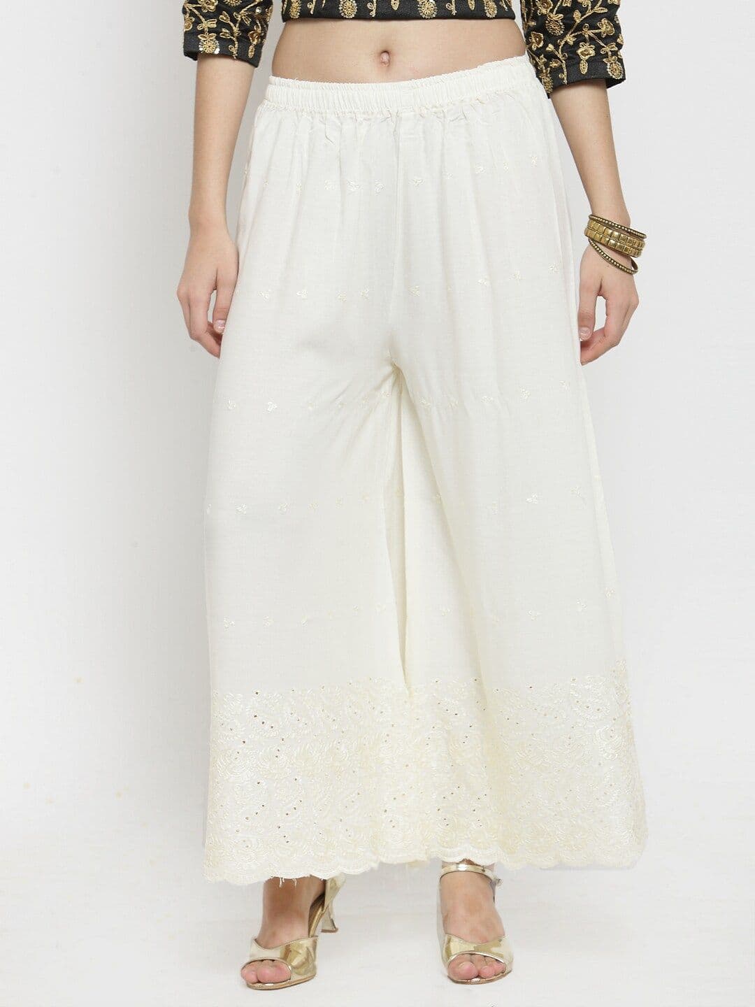 Clora Creation Women Off White Paisley Chikankari Embroidered Knitted Ethnic Palazzos - view 1