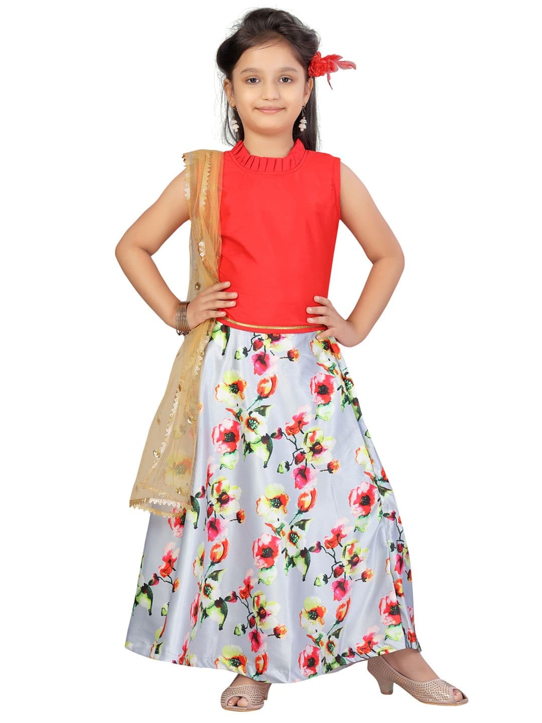 Aarika Girls Grey & Red Floral Print Ready to Wear Lehenga & Blouse With Dupatta - view 1