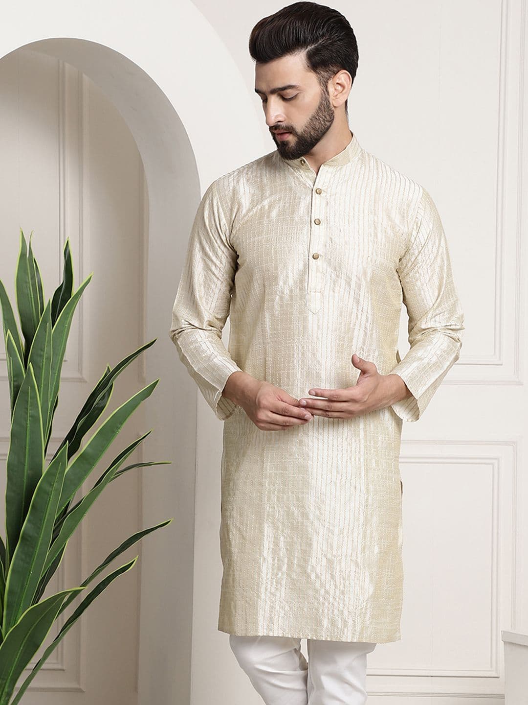 SOJANYA Men Off White & Golden Striped Straight Kurta - view 1