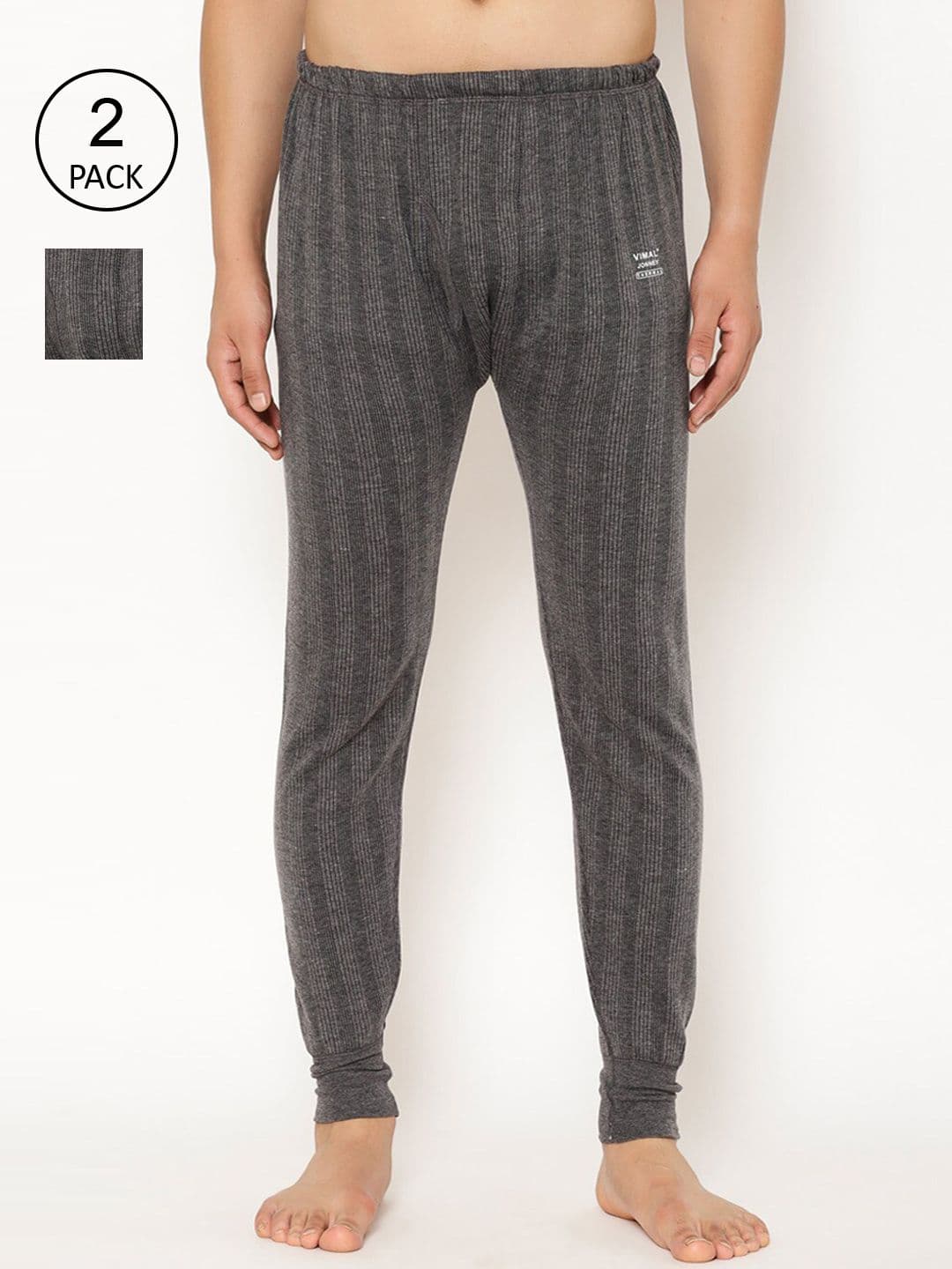 MACK JONNEY Men Pack Of 2 Charcoal Grey Striped Thermal Bottoms - view 1
