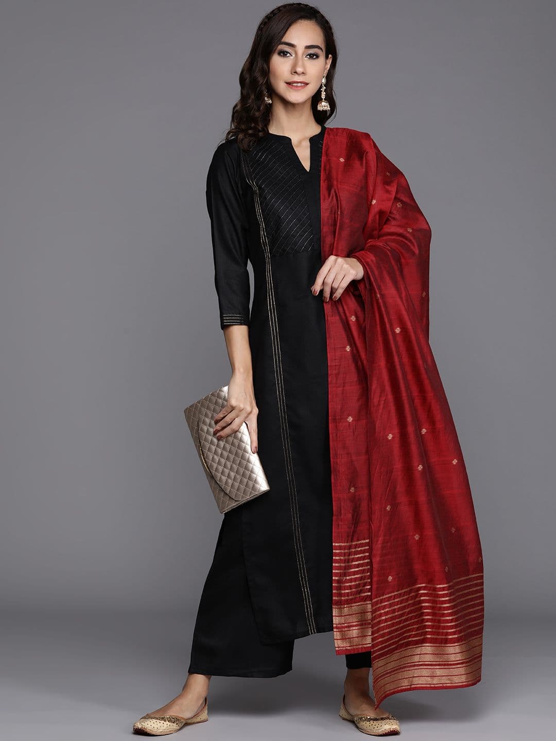 Gerua By Libas Women Black Yoke Design Panelled Kurta with Palazzos & Dupatta - view 1