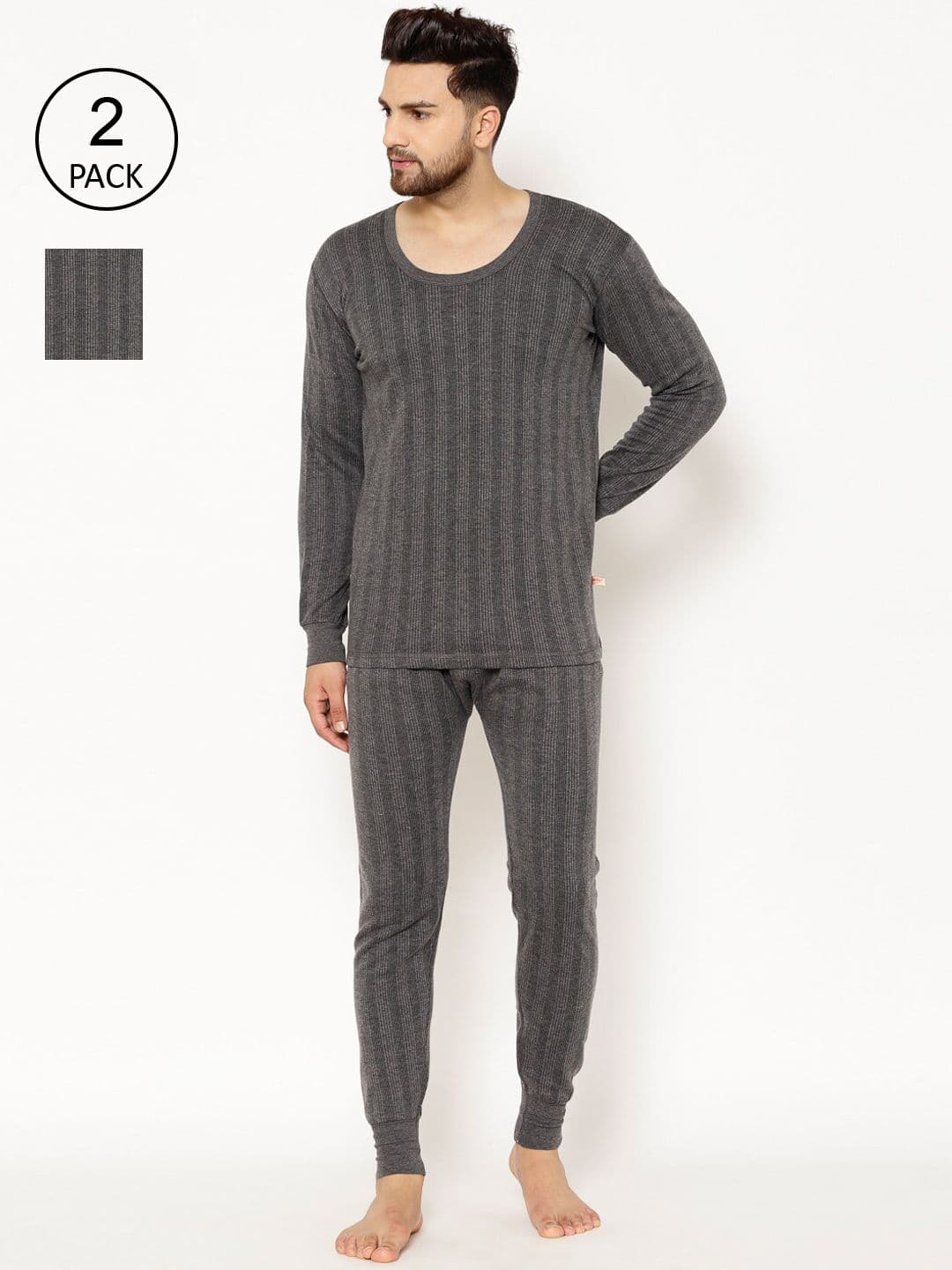 MACK JONNEY Men Pack Of 2 Black Striped Thermal Set - view 1