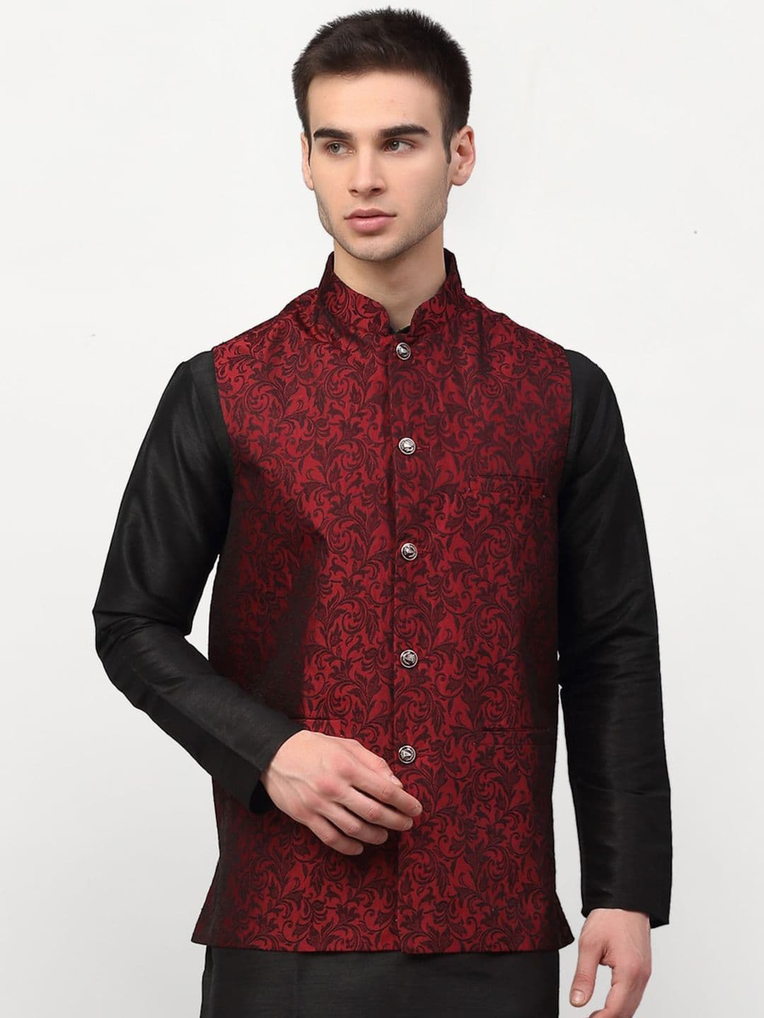 Jompers Men Maroon & Black Woven Design Nehru Jacket - view 1