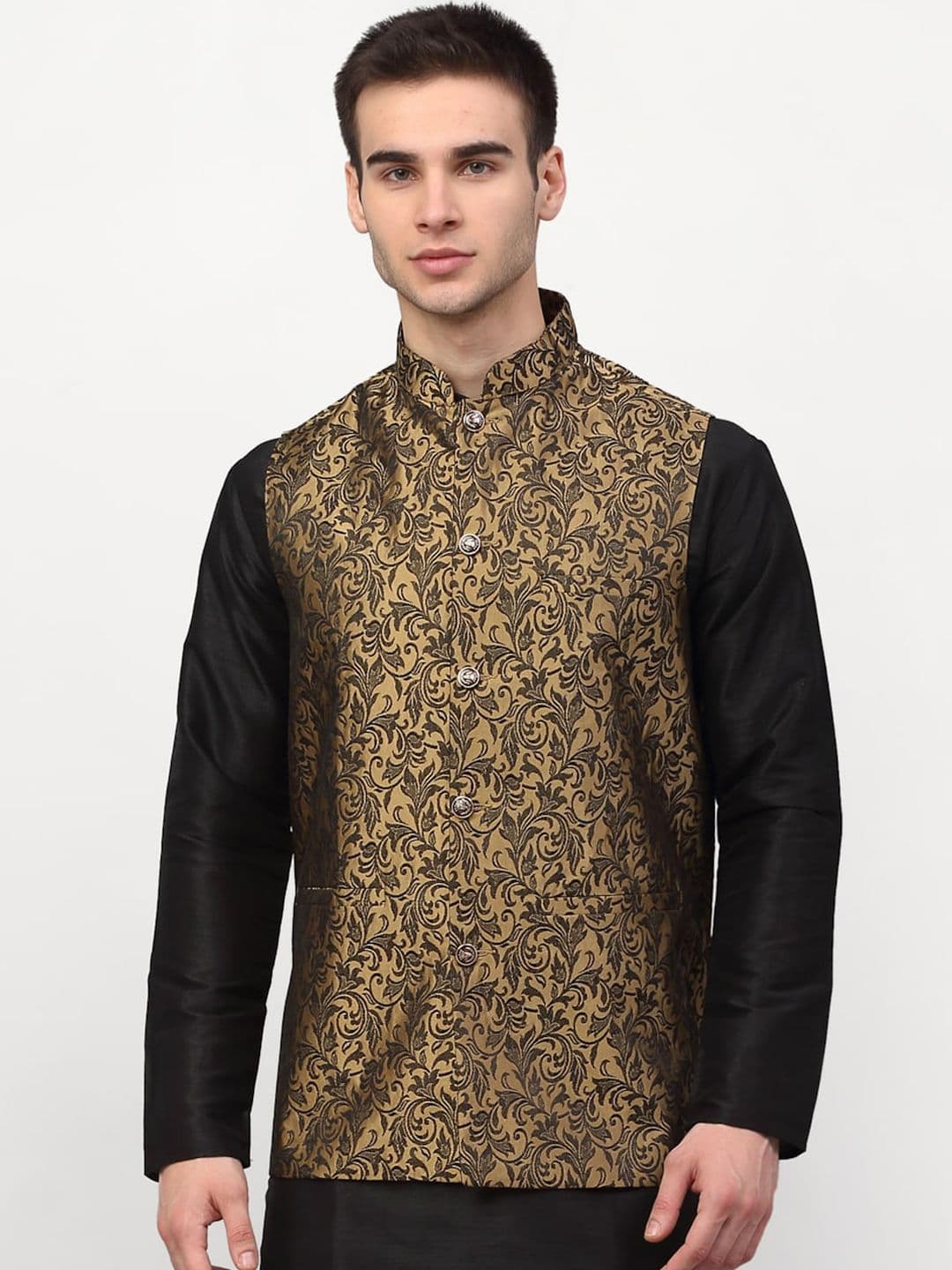 Jompers Men Golden & Black Woven Design Nehru Jacket - view 1
