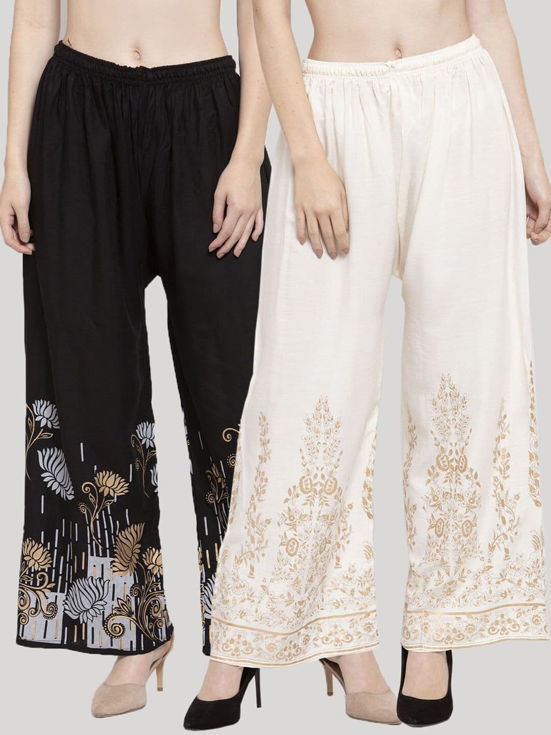 Clora Creation Women Off White & Black Pack Of 2 Floral Printed Knitted Palazzos - view 1