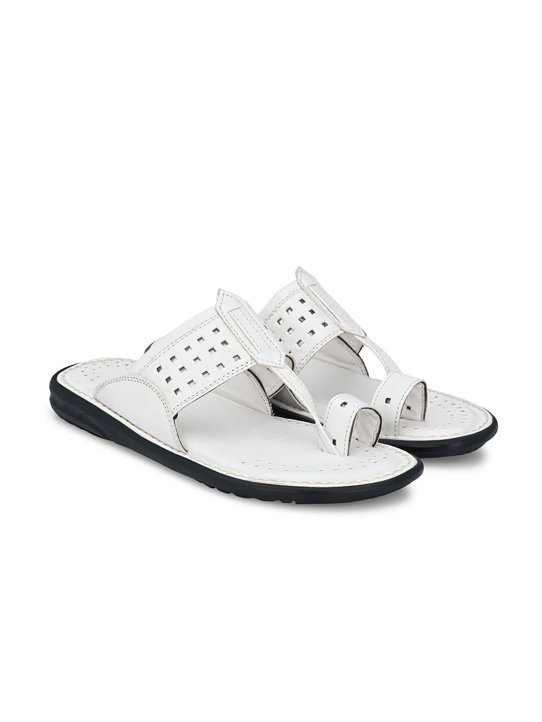 Azzaro Black Men White Laser Cut Detailed Ethnic Kolhapuri Comfort Sandals - view 1
