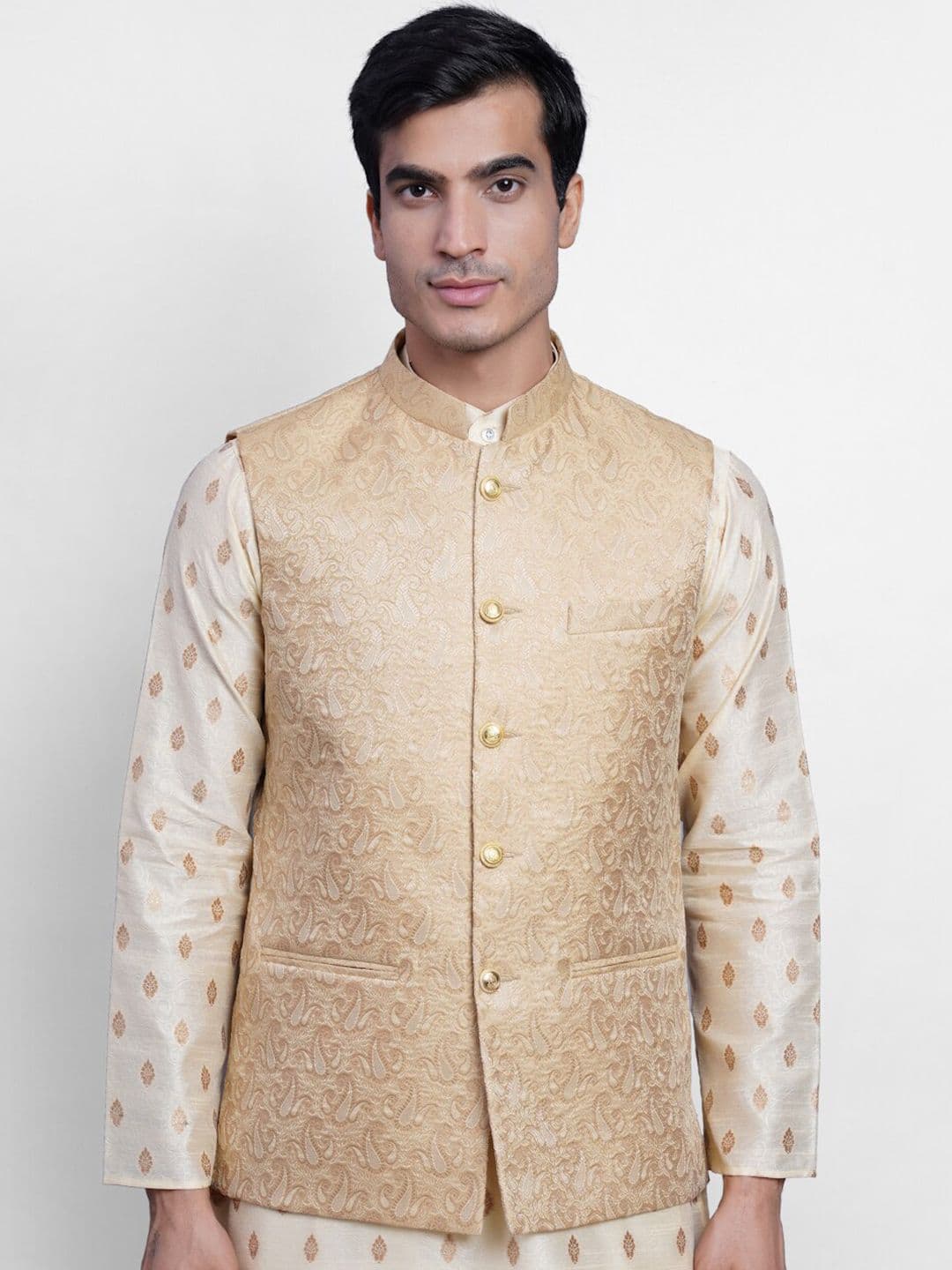 Wintage Men Beige Self-Design Banarasi Woven Nehru Jacket - view 1