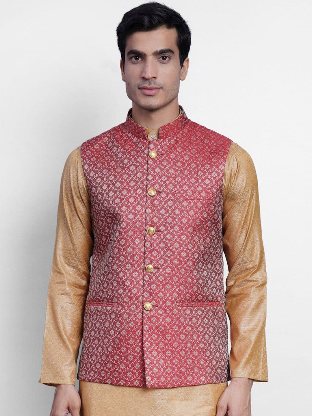 Wintage Men Red & Grey Woven Design Banarasi Nehru Jacket - view 1