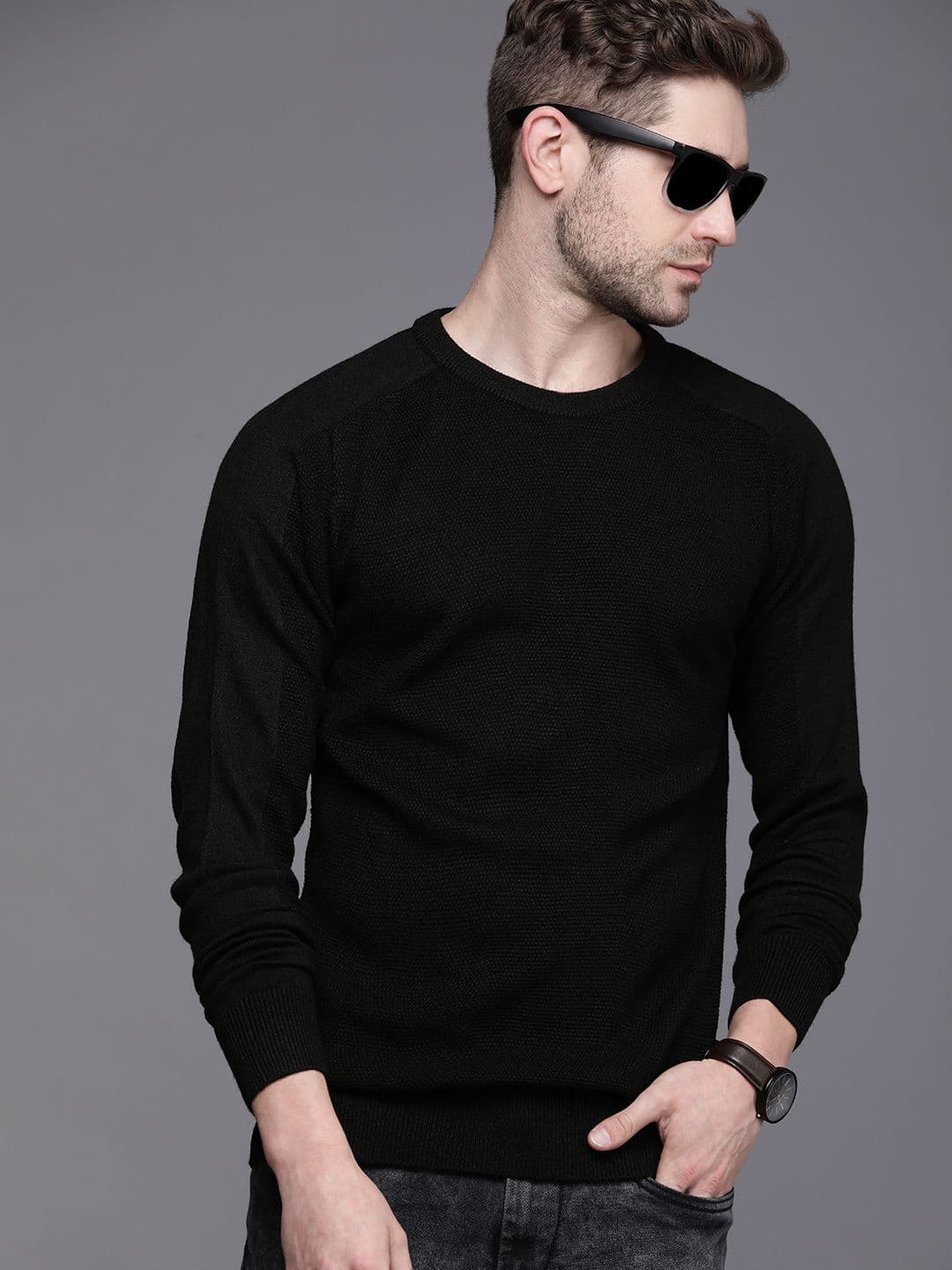 WROGN Men Black Slim Fit Raglan Sleeves Pullover - view 1