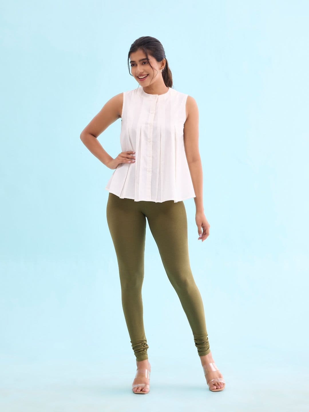 Go Colors Women Olive GreenSolid Churidar-Length Leggings - view 1