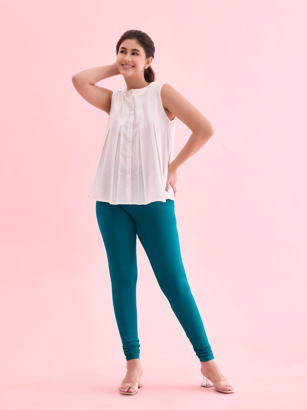 Go Colors Women Sea-Green Solid Churidar-Length Cotton Leggings - view 1