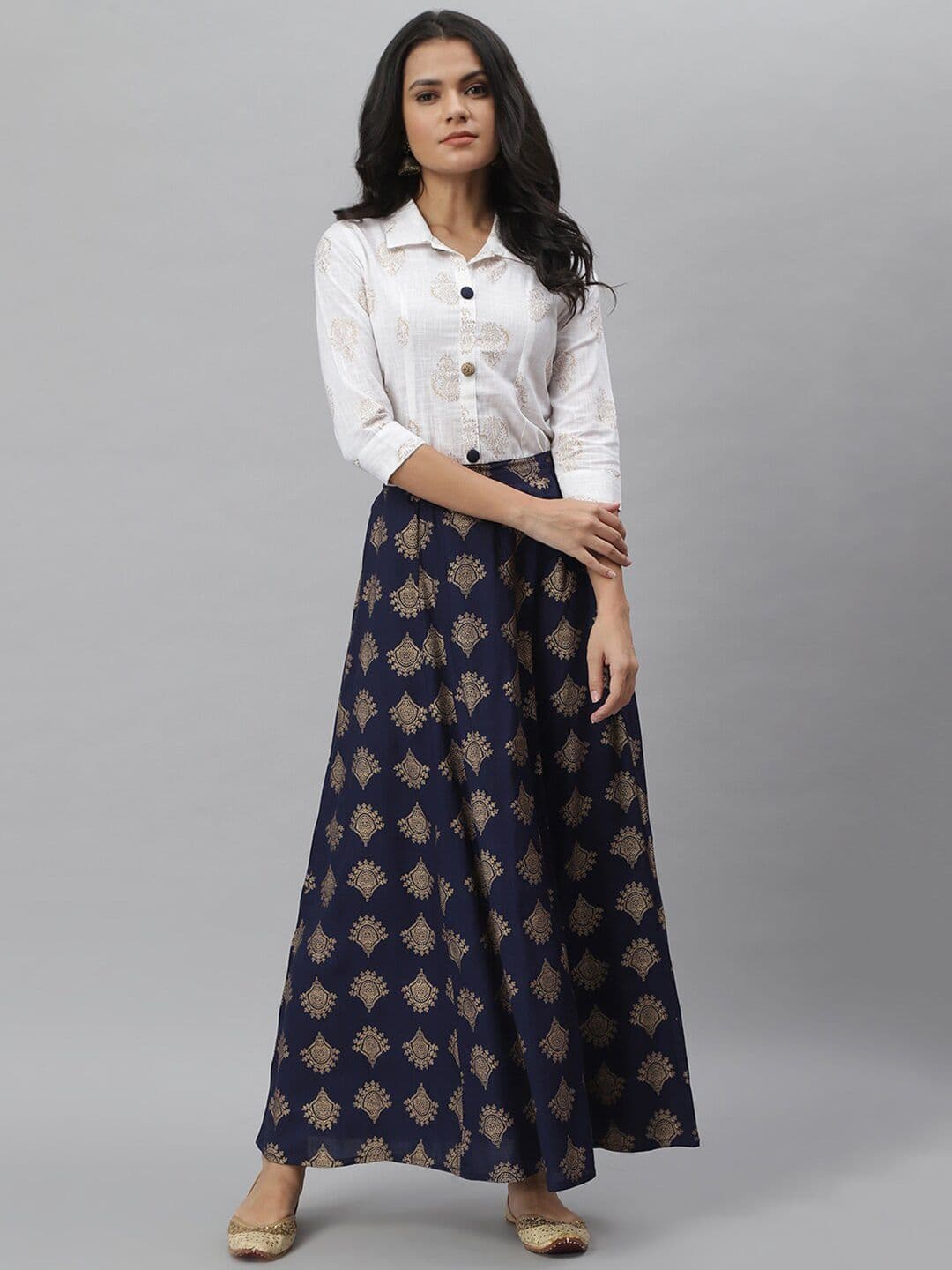 Stylum Women Off White & Navy Blue Printed Shirt with Skirt - view 1