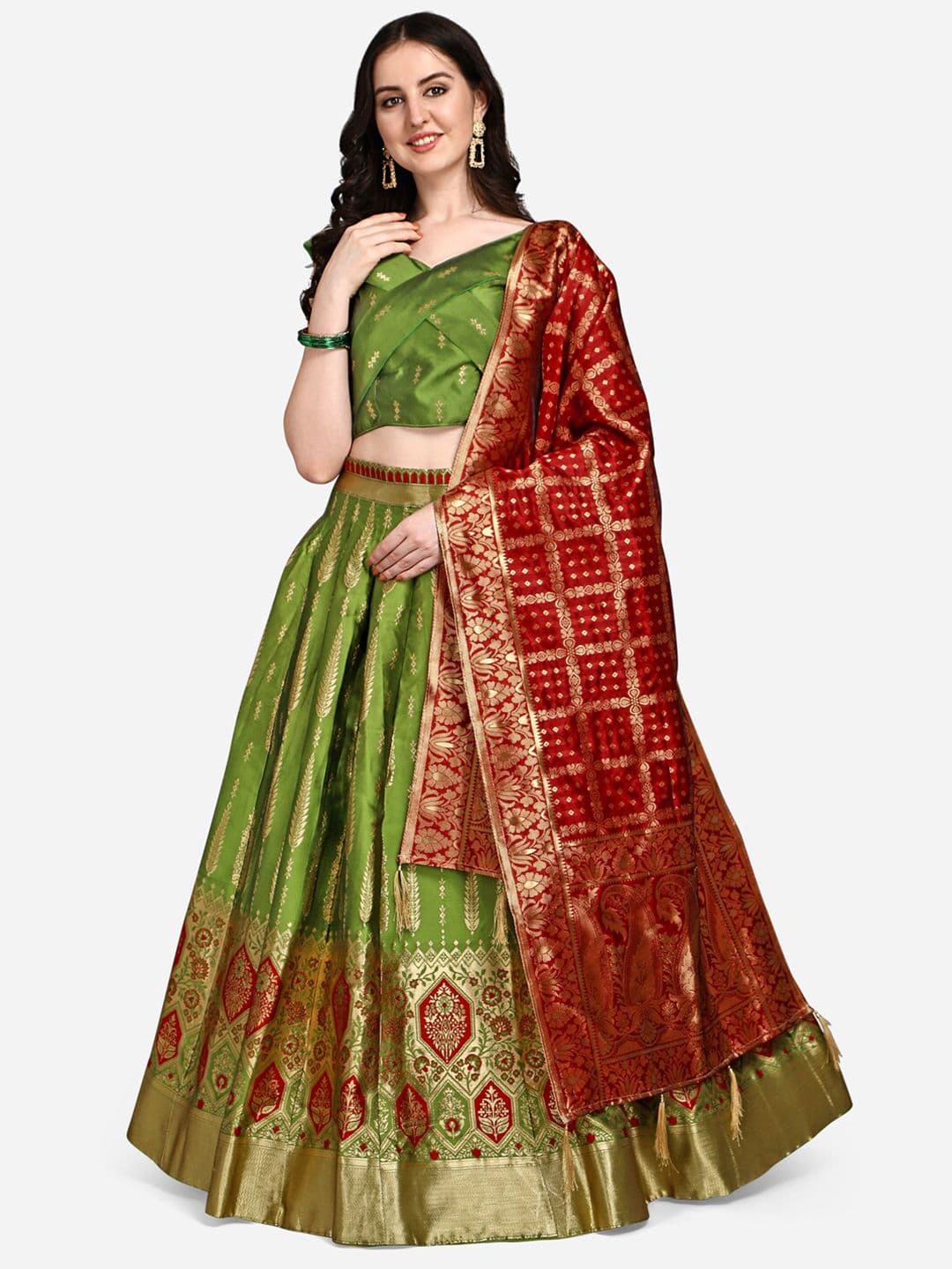 PURVAJA Olive Green & Maroon Ready to Wear Lehenga & Unstitched Blouse With Dupatta - view 1