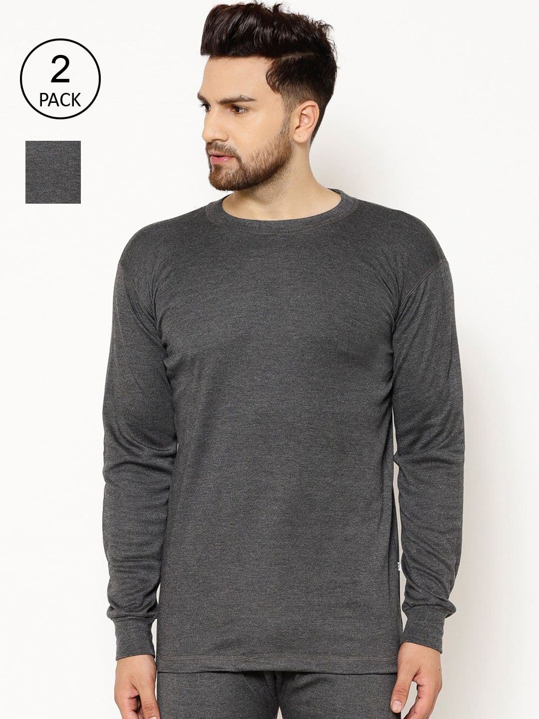 MACK JONNEY Men Pack Of 2 Charcoal Grey Solid Thermal Tops - view 1