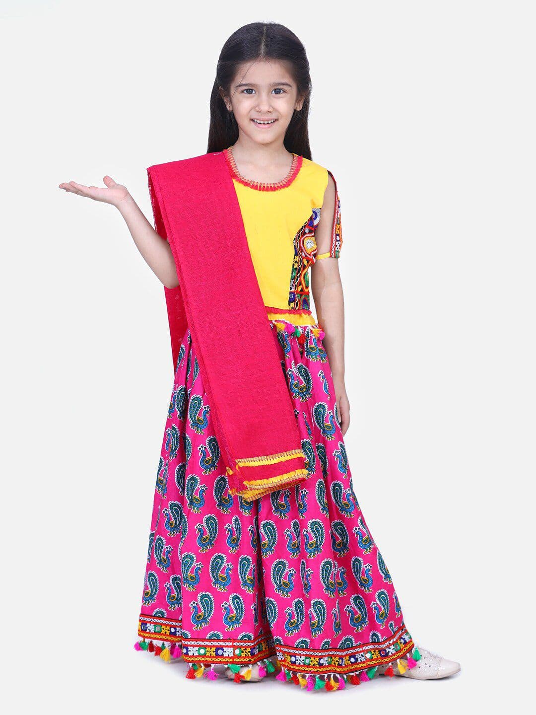 BownBee Girls Pink & Yellow Embellished Bandhani Ready To Wear Lehenga & Blouse Dupatta - view 1