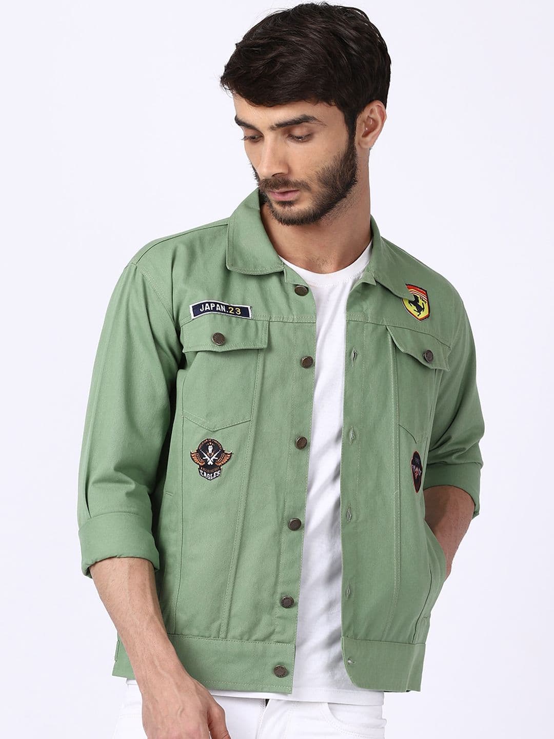 VOXATI Men Green Denim Jacket with Patchwork - view 1