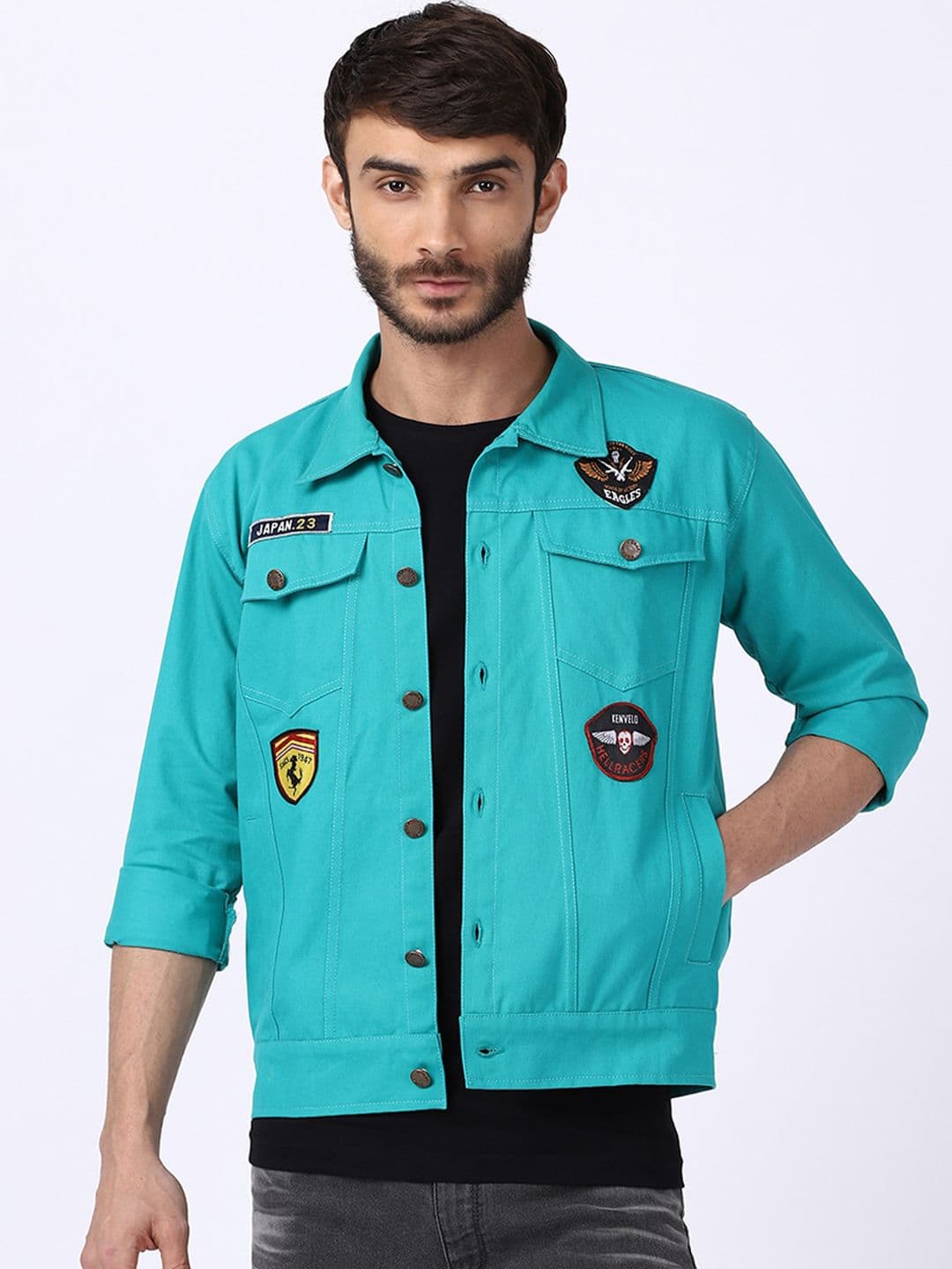 VOXATI Men Turquoise Blue Denim Jacket with Patchwork - view 1