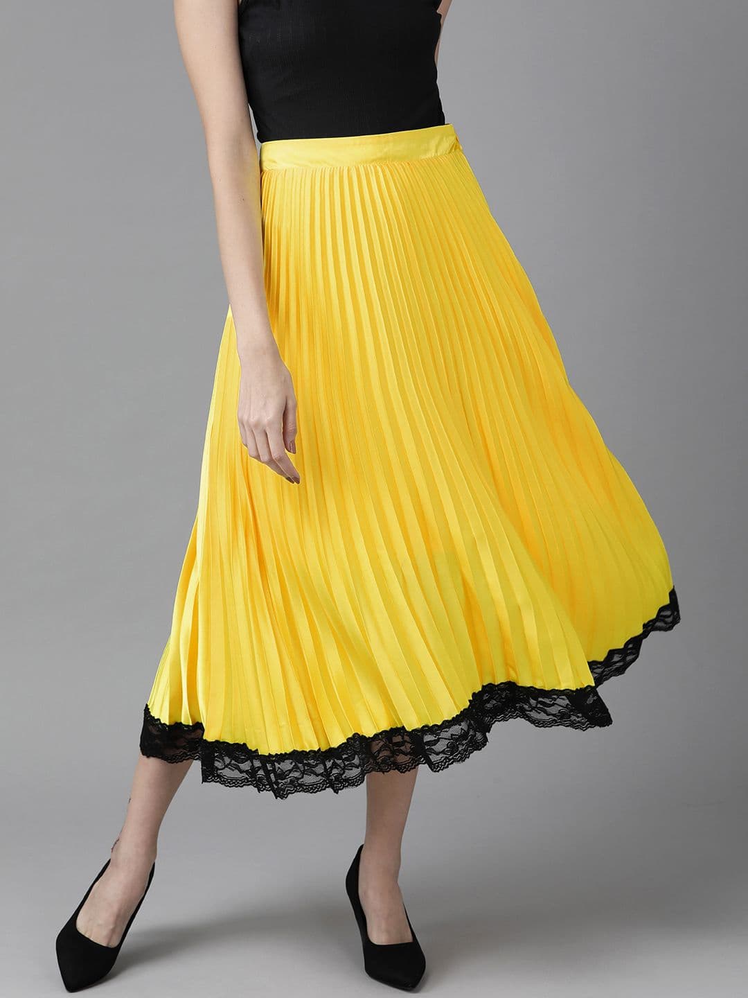 KASSUALLY Women Yellow Satin Lace Insert Accordion Pleated Skirt - view 1