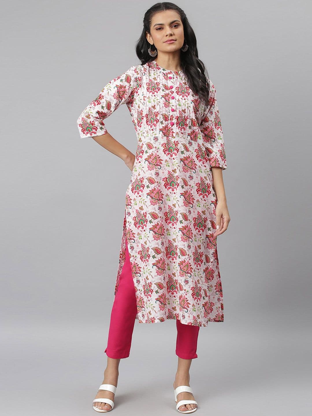 JAIPUR ATTIRE Women Pink & White Floral Printed Pin Tucks Detail Kurta - view 1