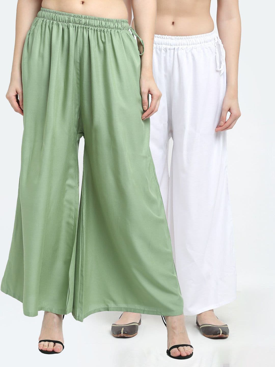 TAG 7 Women Pack Of 2 White & Green Solid Flared Palazzos - view 1