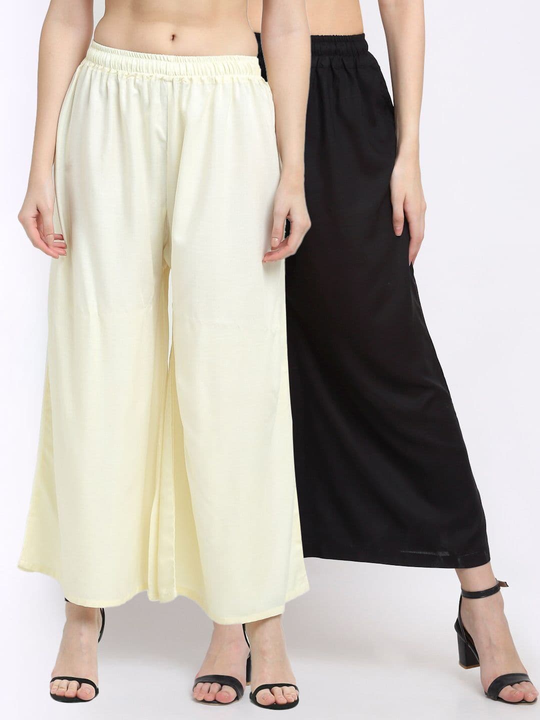 TAG 7 Women Pack Of 2 Off White & Black Solid Flared Palazzos - view 1